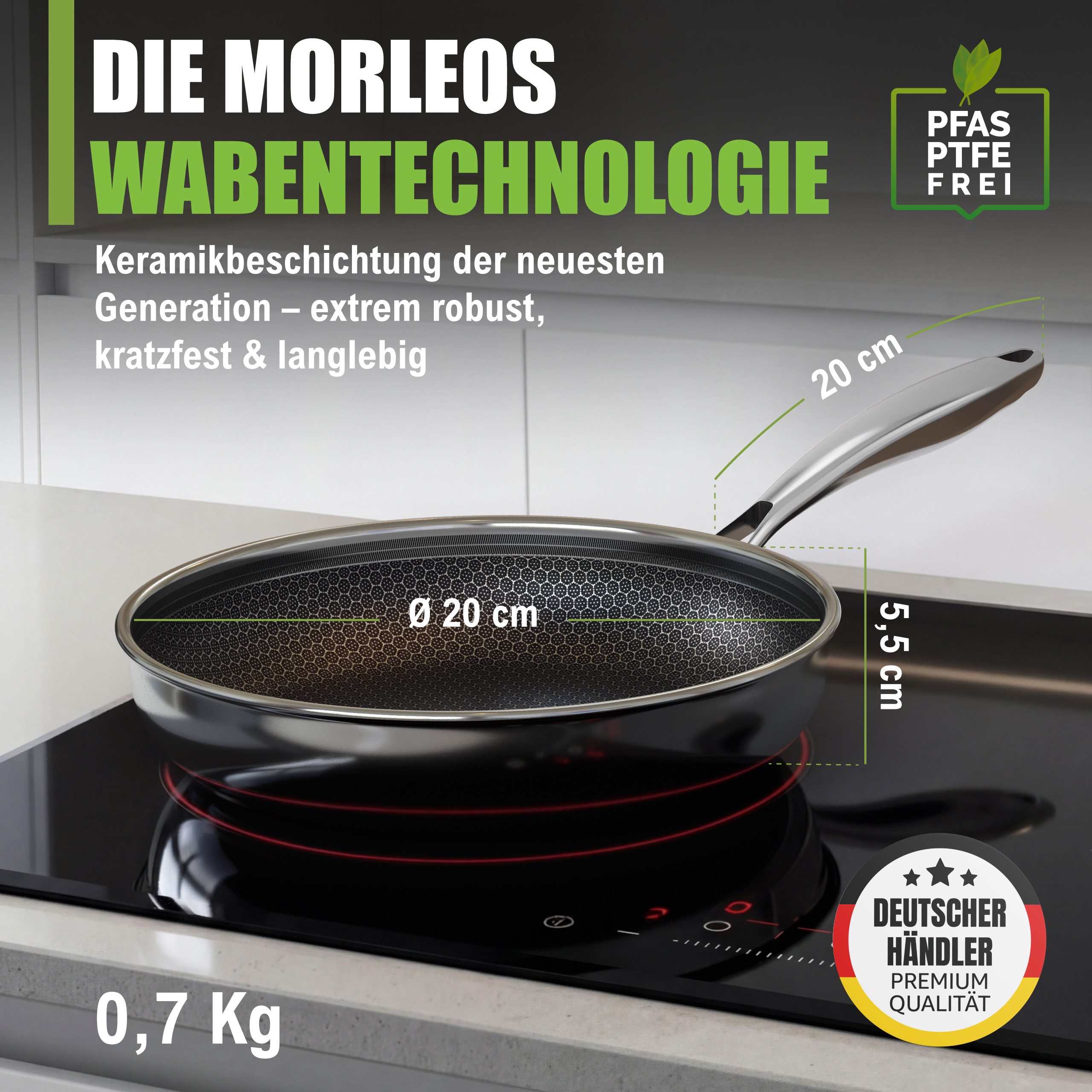 Morleos Bratpfanne Gas Induktion Elektro Kratzfest Rostfrei Antihaft Pfanne, Edelstahl (1-tlg), 20 cm - Keramik Wabentechnologie PFAS PTFE frei
