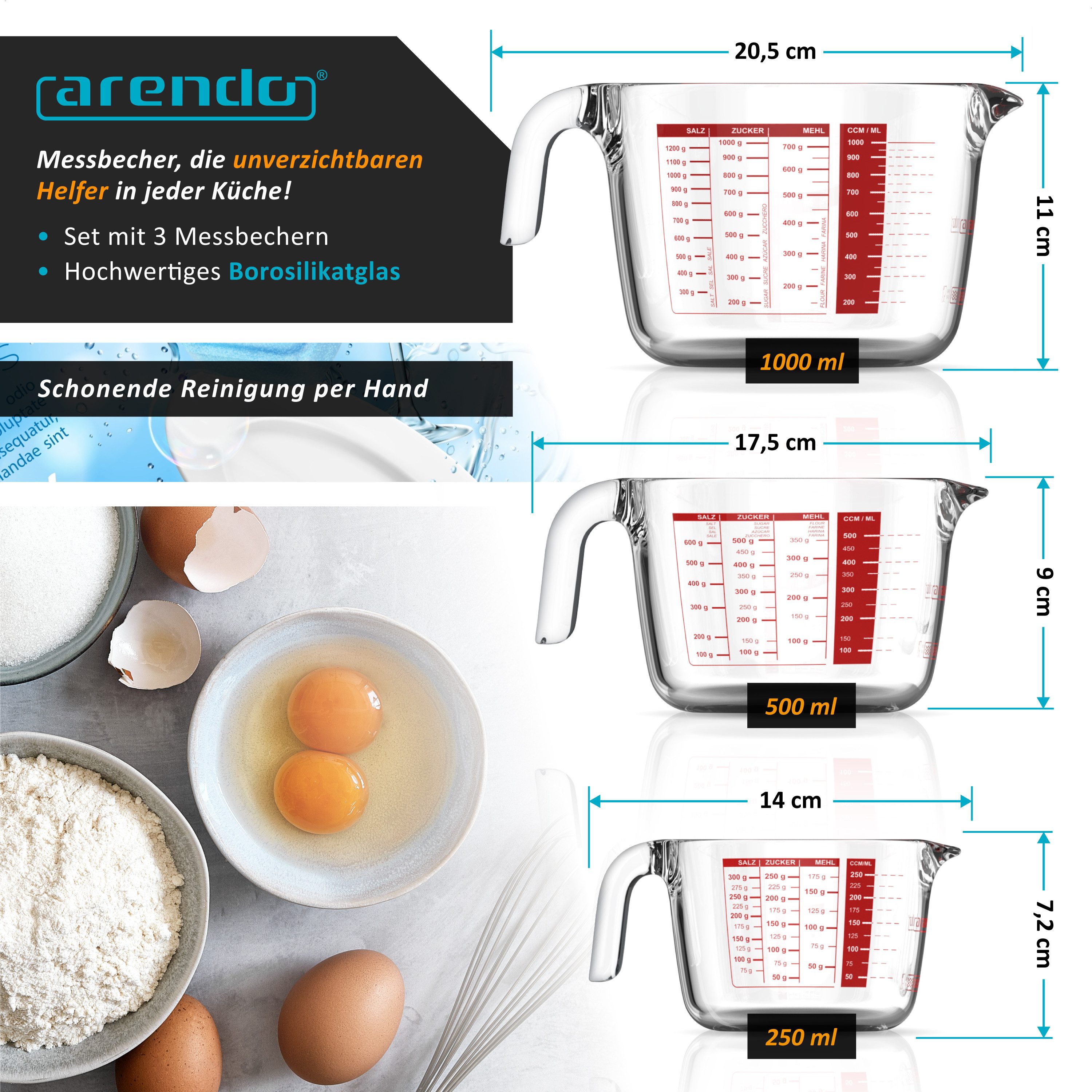 Arendo Messbecher 250 ml, 500 ml & 1000 ml Glas Messkrug Set mit Deckel, Borosilikatglas, Glas, (Set, 3-St), präzise Skala, hitzebeständig, mikrowellengeeignet, Küchenhelfer