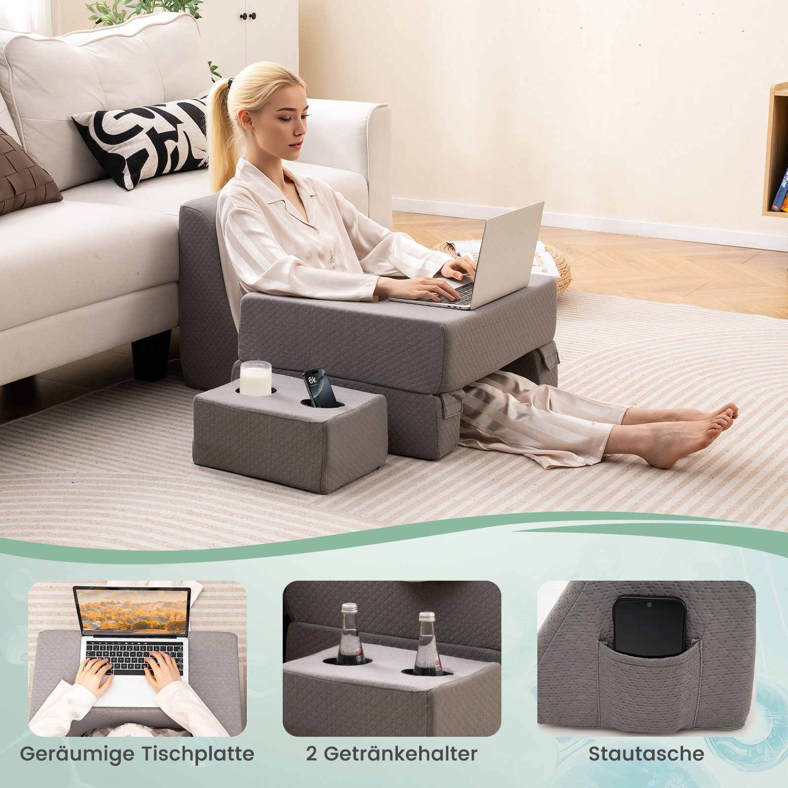 COSTWAY Rückenkissen, 3-tlg., Lesekissen für Bett und Sofa, Keilkissen-Set Grau – Bild 3 von 5