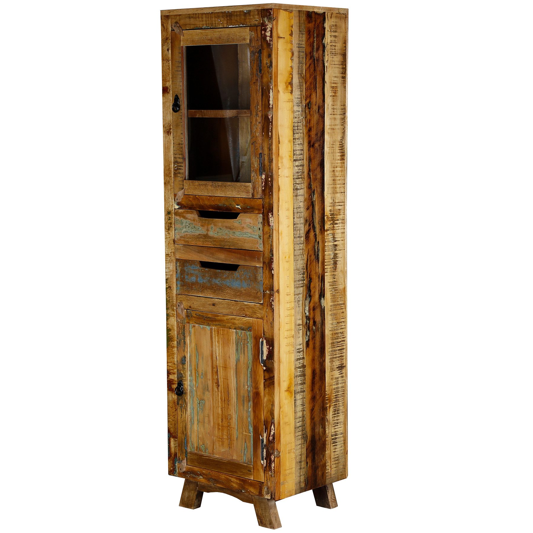 Casa Moro Standvitrine Wohnzimmer Schrank Vitrinenschrank Flur Massivholz Altholz Vintage massiver Aufbau: 47 kg Gewicht, schlanke Form, Zwei Schublade