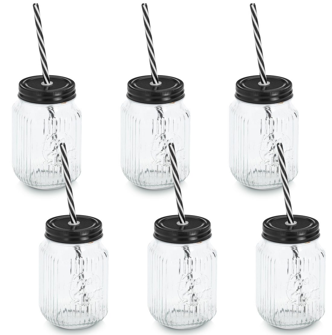 Zeller Present Glas Trinkglas mit Metalldeckel u. Strohhalm, Set, 6-tlg., Glas, Kunststoff, Metall, Einfache Pflege, zeitloses Rillenmuster