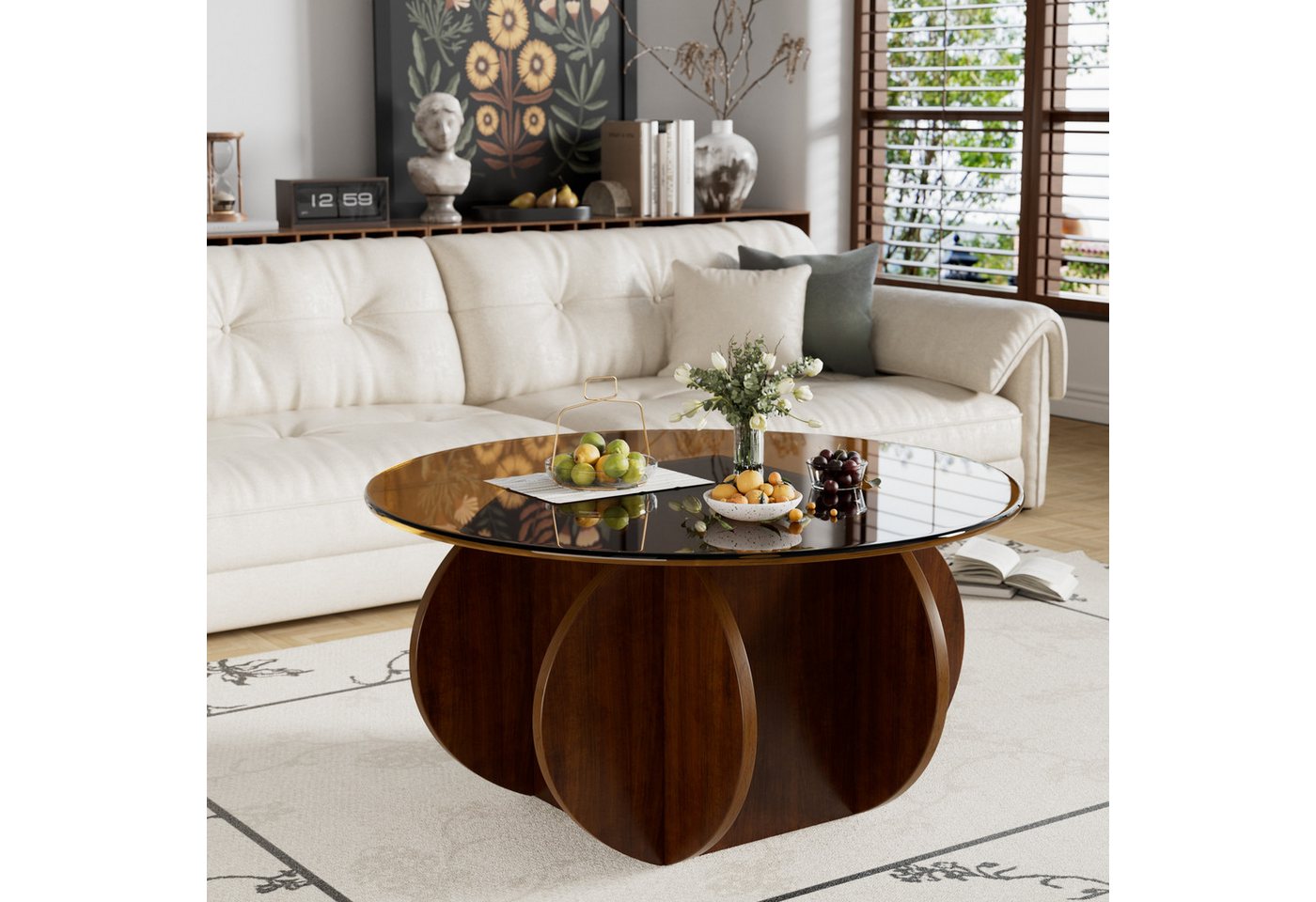 PEALOV Couchtisch mit Glasplatte und Holzgestell, Ø 70 × 40 cm, moderner Wohnzimmertisch (1-St), Moderner runder Beistelltisch aus gehärtetem Glas und Holz
