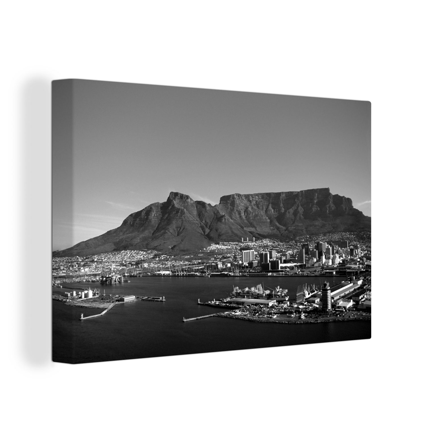 OneMillionCanvasses® Leinwandbild Kapstadt mit dem Tafelberg im Hintergrund - schwarz und weiß, (1 St), Wandbild Leinwandbilder, Aufhängefertig, Wanddeko, 30x20 cm