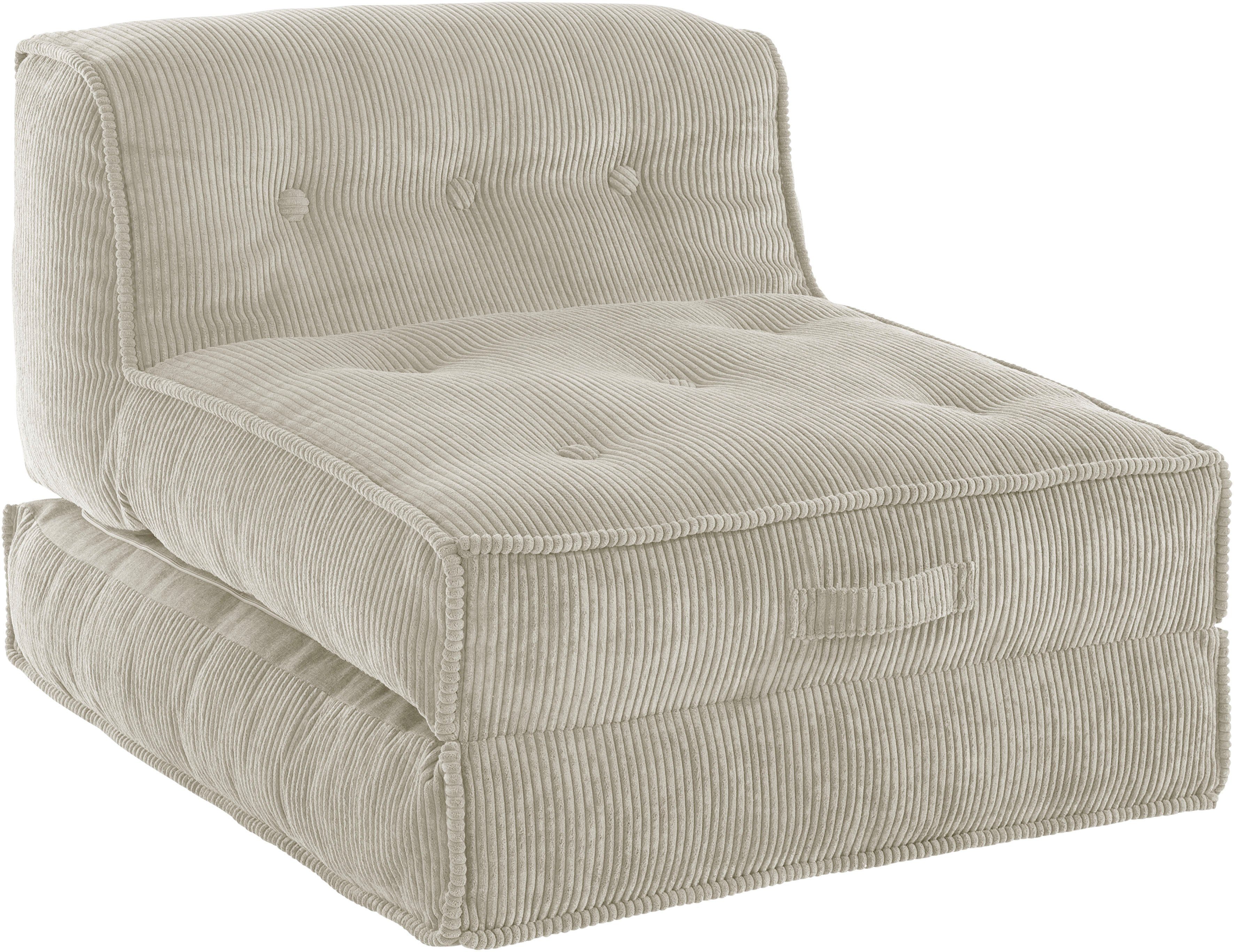 INOSIGN Sessel Größen, | in beigegrau beigegrau Cord, aus Loungesessel mit | Pia, 2 beigegrau Schlaffunktion, Pouf-Funktion