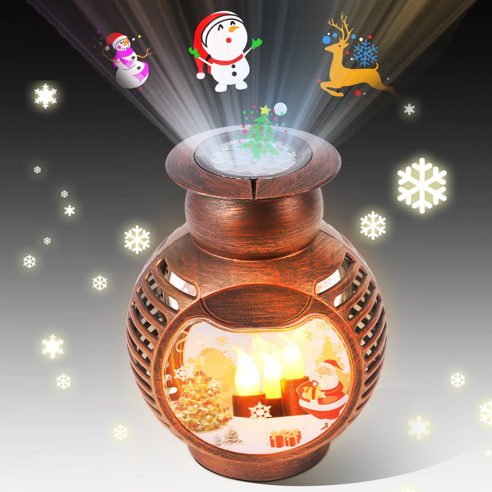 Braun Laterne, Rosnek Weihnachten, LED Schneekugel für Licht USB/Batterie, Projektor Plastik Laterne