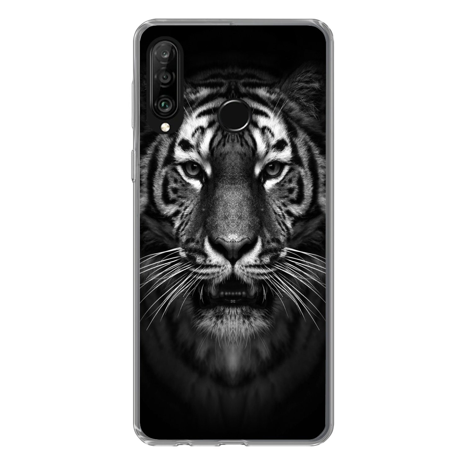 MuchoWow Handyhülle für Huawei P30 Lite Tiger - Tiere - Schwarz - Weiß - Porträt - Wild, Handy Case, Silikon, Bumper Case Dünn