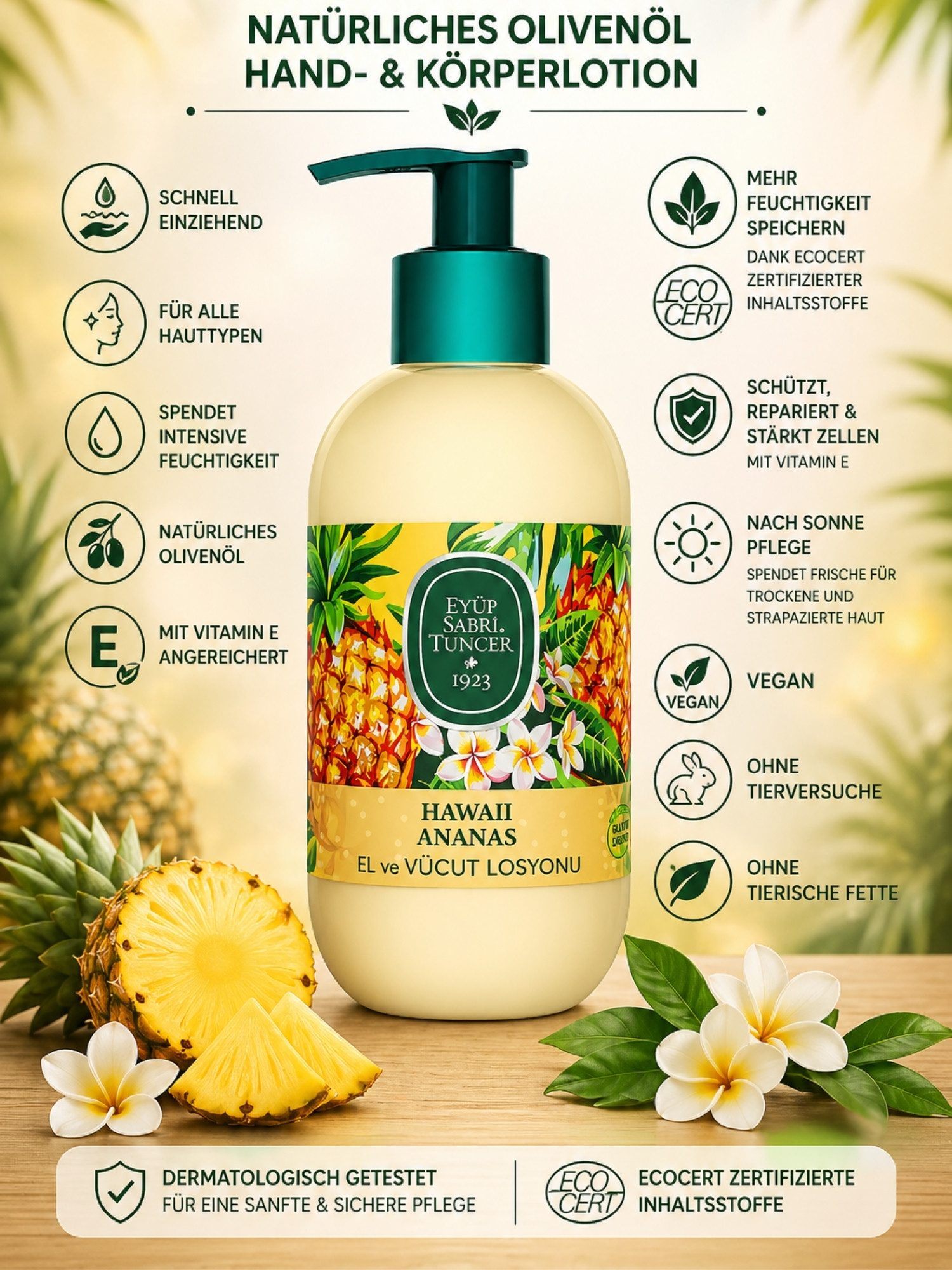 EYÜP SABRI TUNCER Körperlotion Vegan Hand & Körper Lotion mit Vitamin E für alle Hauttypen, Vegan, Dermatologisch getestet, Glutenfrei, Mit Vitamin E