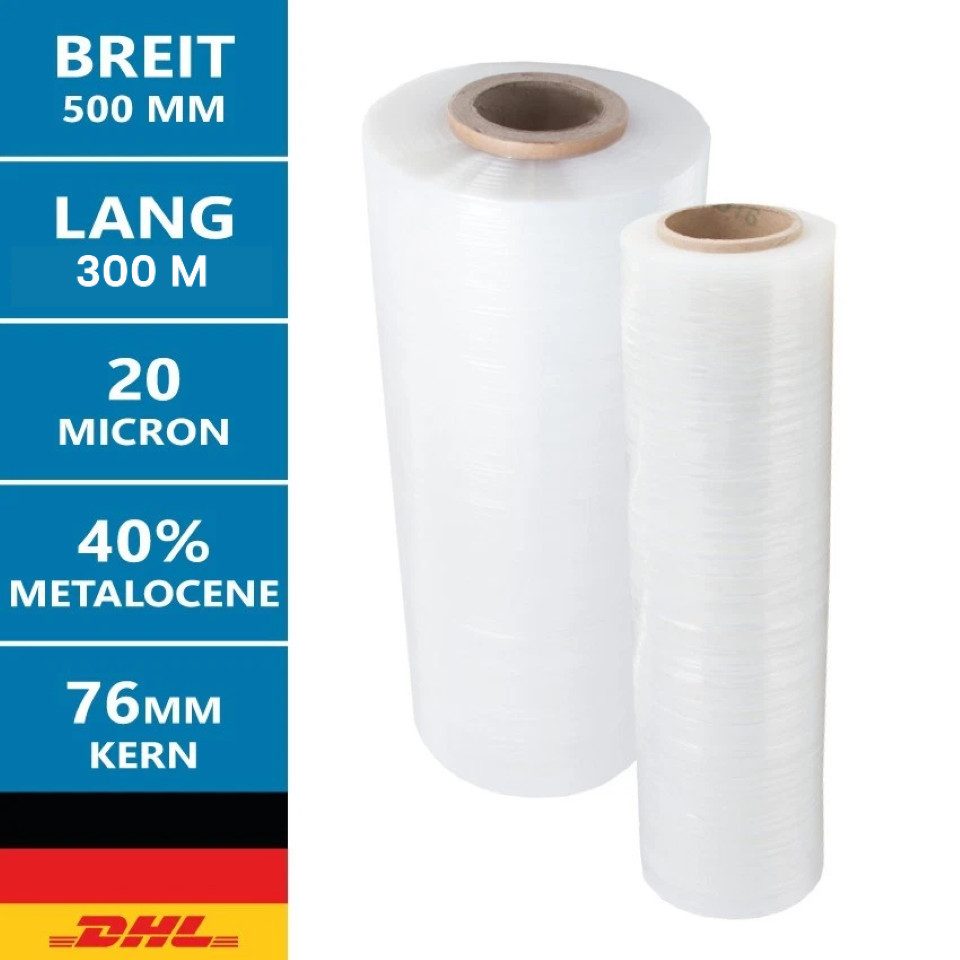 LMG Germany Schutzfolie Stretchfolie 500 mm x 300 m, Kern 76 mm, 20 Micron, 40% Metalocene, Reißfestigkeit, hohe Dehnbarkeit, umweltfreundlich, transparente Folie