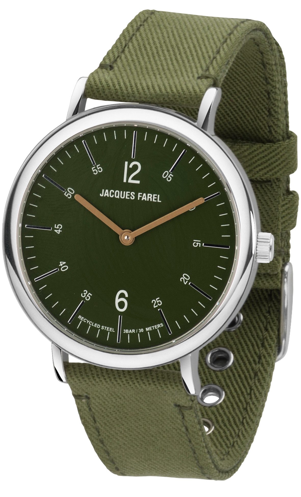 Jacques Farel Quarzuhr ORS1177 nachhaltige Damen Armbanduhr Recycling-Stahlgehäuse Lyocellband 3 bar, Analog Grün Oliv Ökouhr ökologisch Geschenk Frauen Ø38 mm