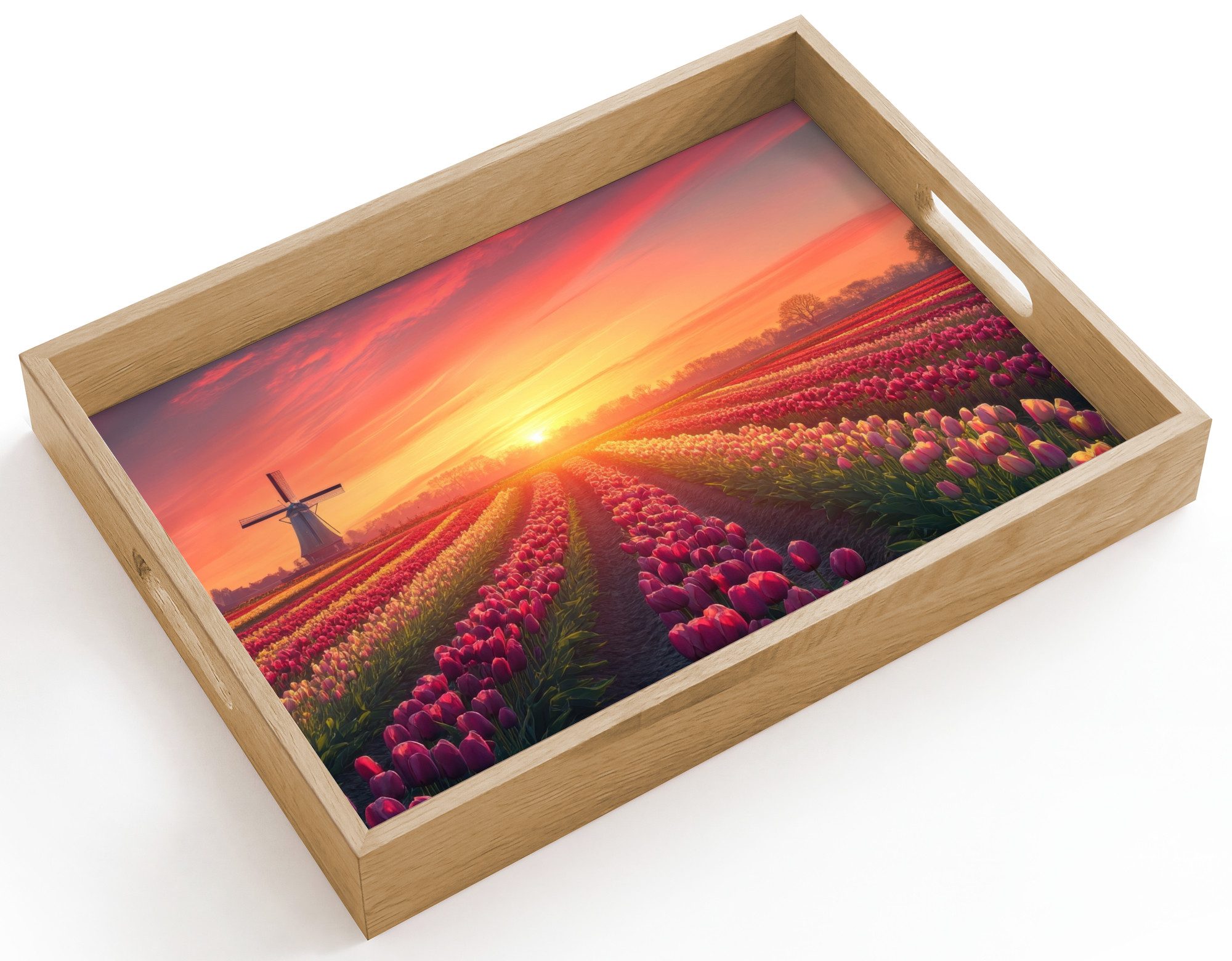 OnlyWow Tablett Rechteckig mit Henkel Windmühle - Sonnenuntergang - Landschaft, Eichenholz, (1-tlg), Siervierplatte, Tray, Frühstücksbrett