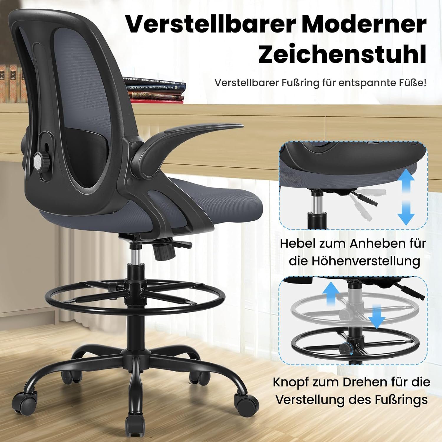 Razzor Bürostuhl (360° mit Arbeitsstuhl Hoher Armlehnen,Atmungsaktiv aus 110Kg Büro,Schreibtischstuhl zu Ergonomisch Drehstuhl bis Netz), Fußstütze
