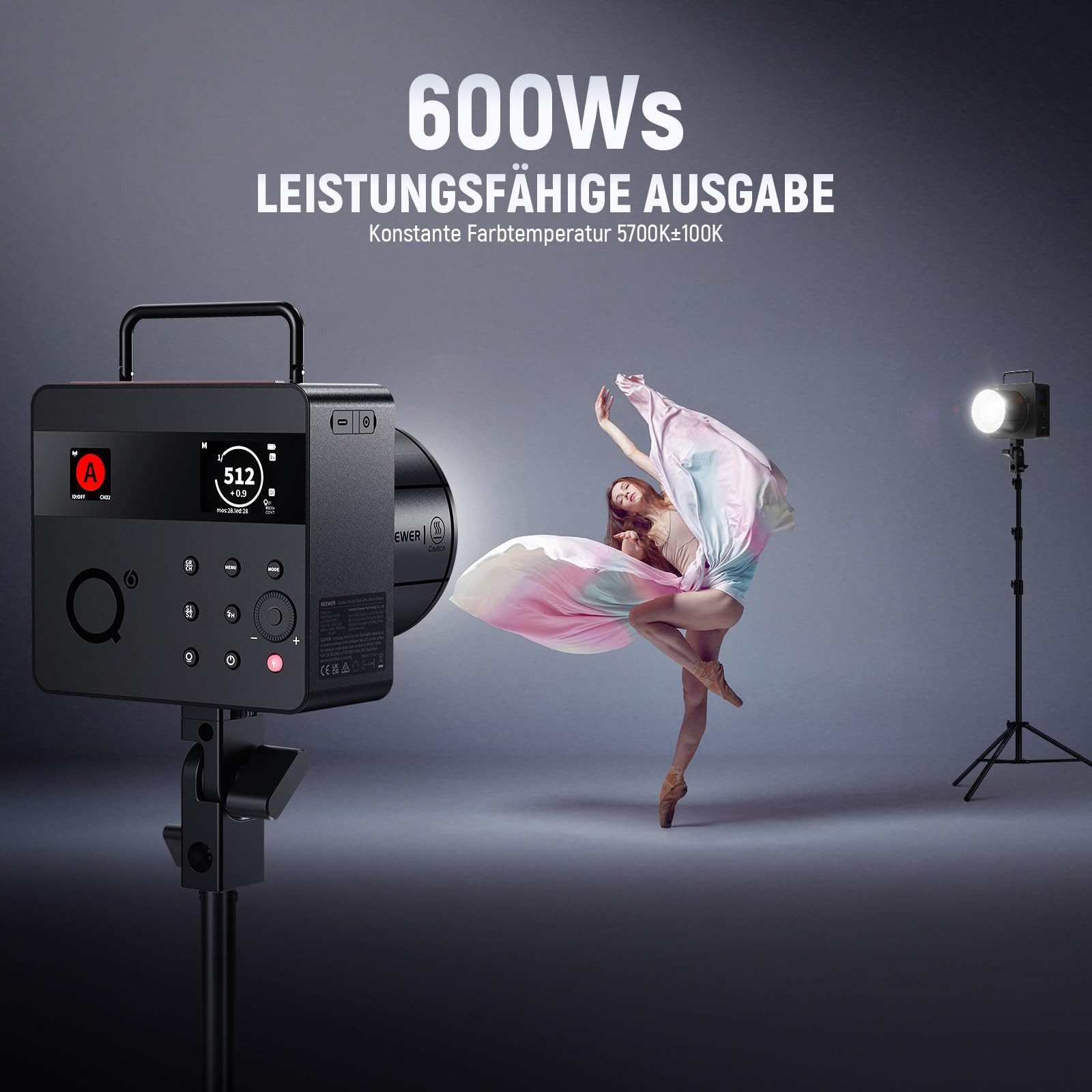 Neewer Q6 600Ws 2,4G TTL Studioblitz für Außen, App Steuerung, 1/8000 HSS Studio-Blitzgerät, (1/1 bis 1/512, 3000mAh Batterie, 30W zweifarbige LED Modellierlampe)