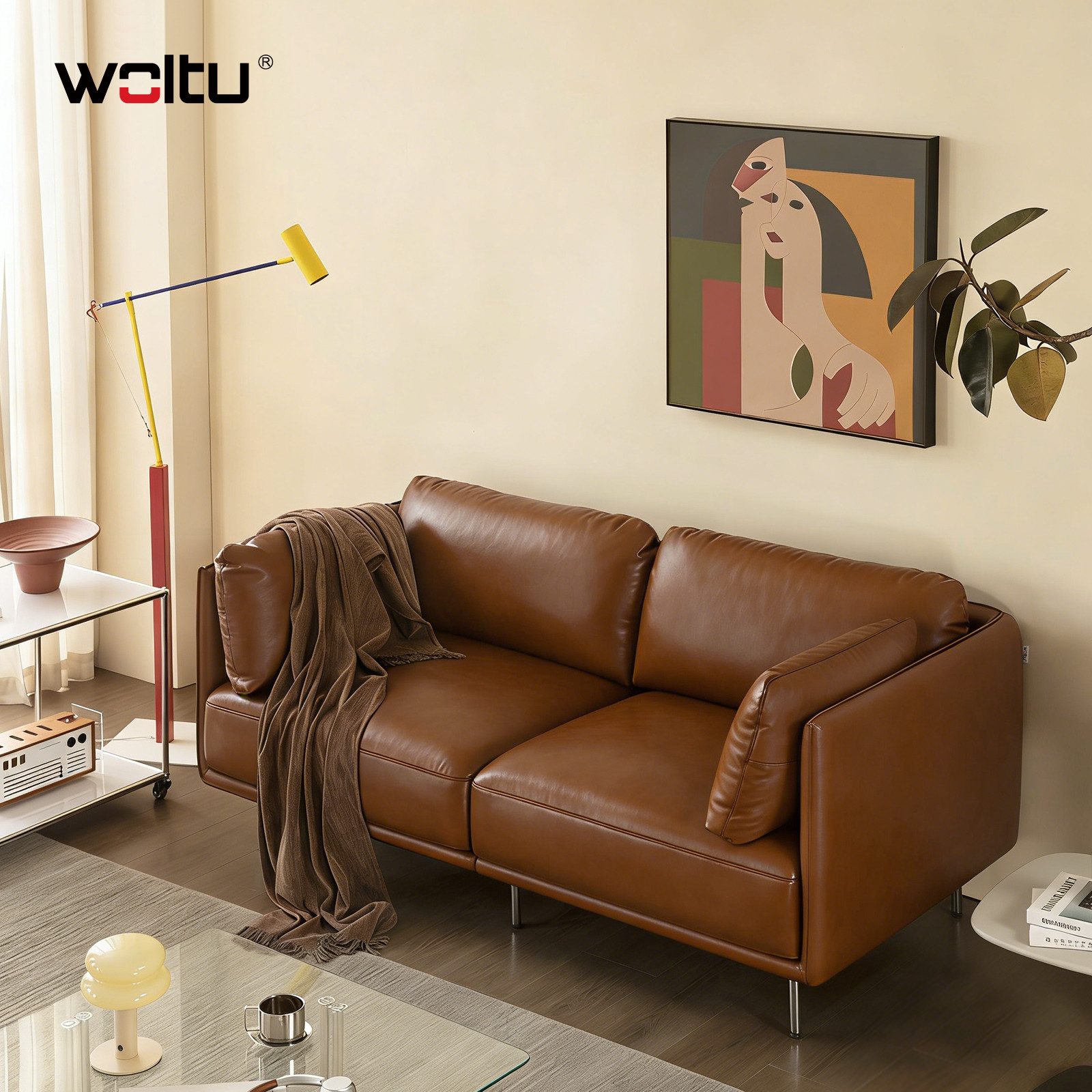 Woltu Sofa, aus Leder, im Bauhaus-Stil, Couch mit 18 cm hohen Füßen