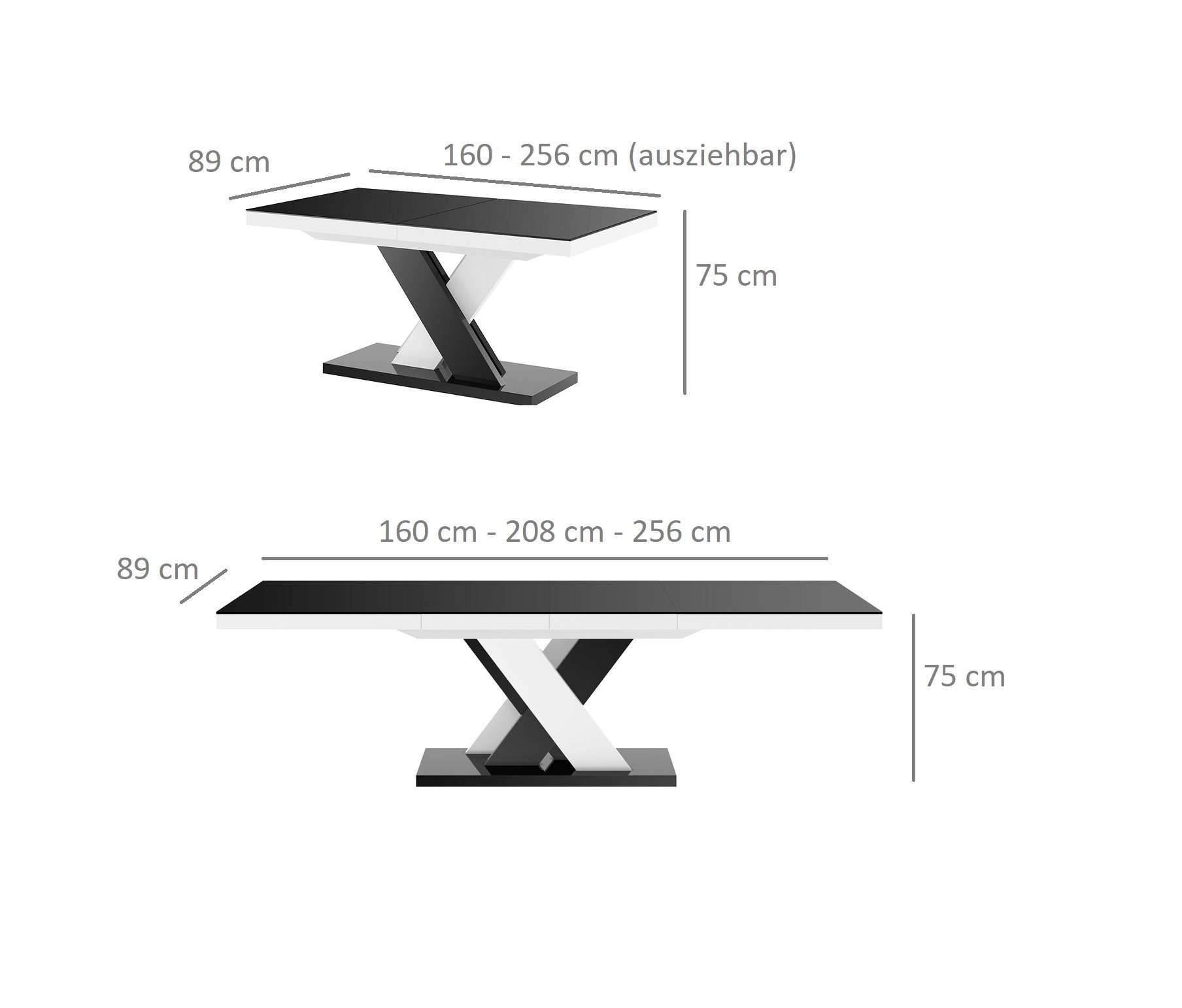 Hochglanz Design 256cm bis Hochglanz Esstisch Weiß Hochglanz / Schwarz designimpex Schwarz HEN-111 Weiß ausziehbar Tisch 160 -