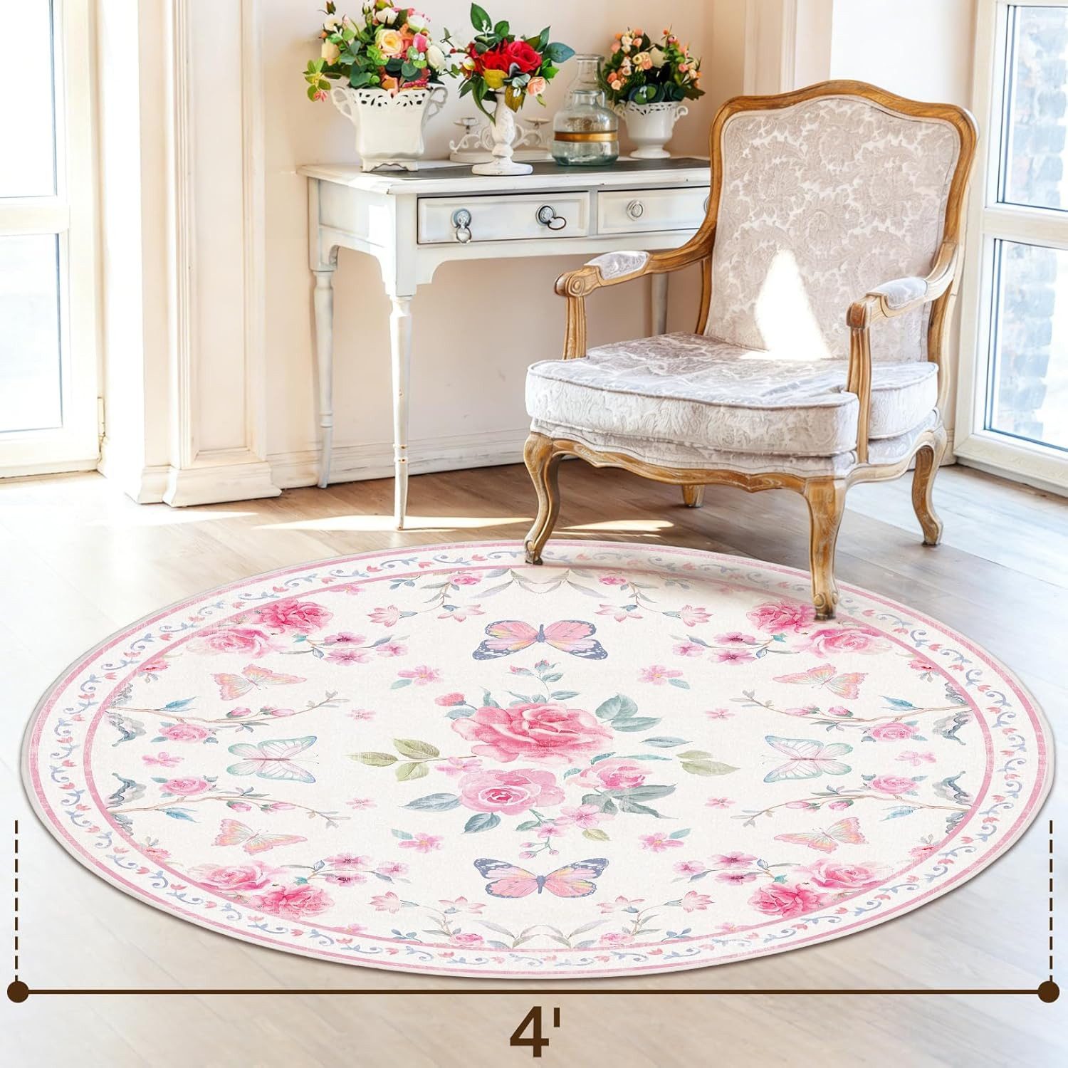 Agger Fußmatte Runde Fußmatte im Vintage-Stil, Boho-Teppich mit Blumenmuster, moderne Fußmatte für Wohnzimmer, Schlafzimmer und Esszimmer – Bild 2 von 5