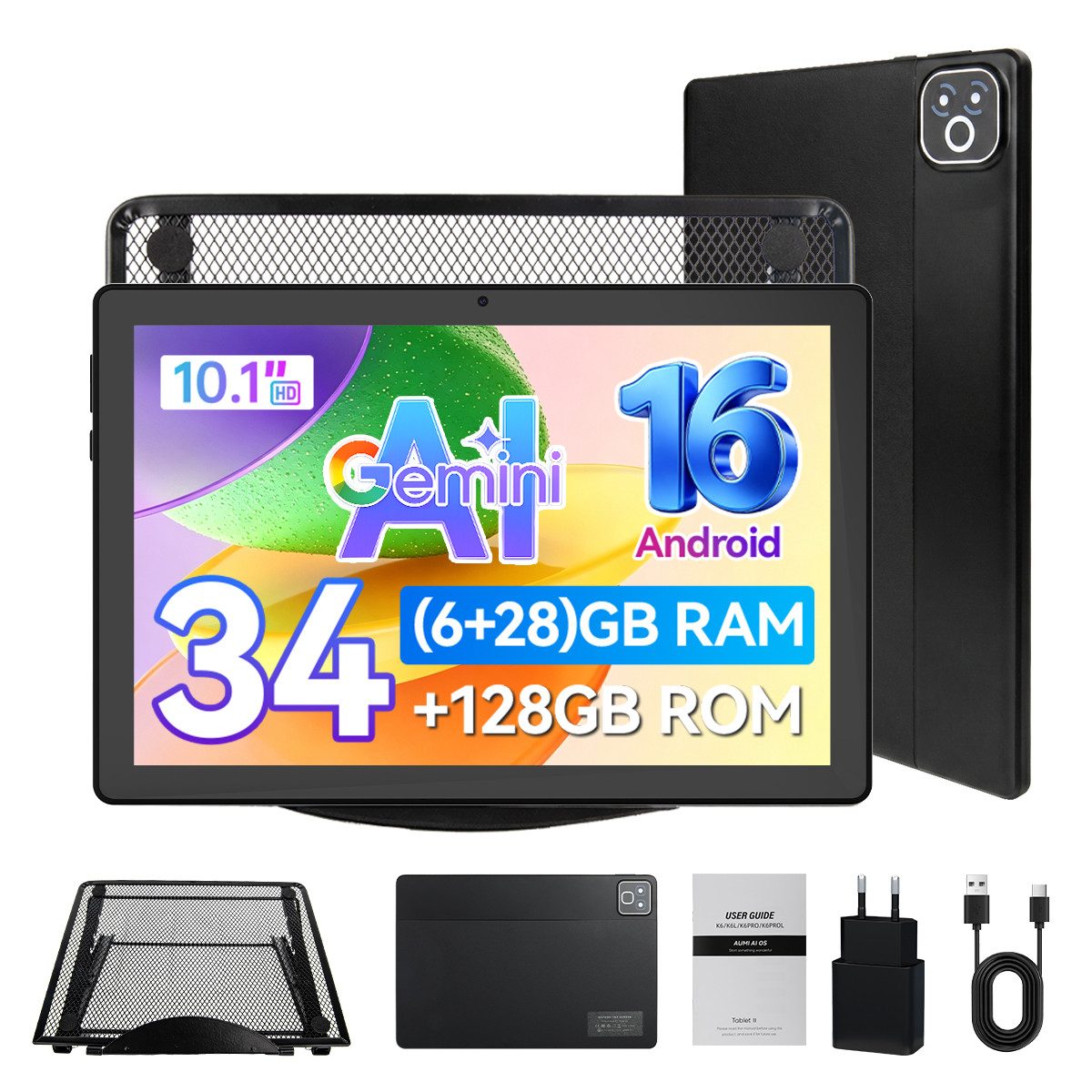 Happybe 10,1'' Octa-Core, 6000 mAh, HD 1280x800, 34GB/36GB RAM, 128GB/256GB Tablet (10.1", 128 GB, Android, Android 16, Gemini KI-Assistent, Widevine L1)
