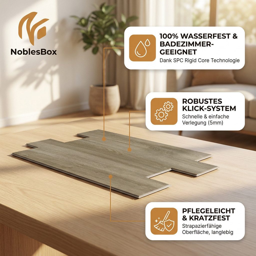 NoblesBox Designboden Klick Vinylboden SPC - Hartvinyl - 4+1mm Wasserfest - 1 mm Isolierung, Für Fußbodenheizung, Hochabriebfest & Klicksystem
