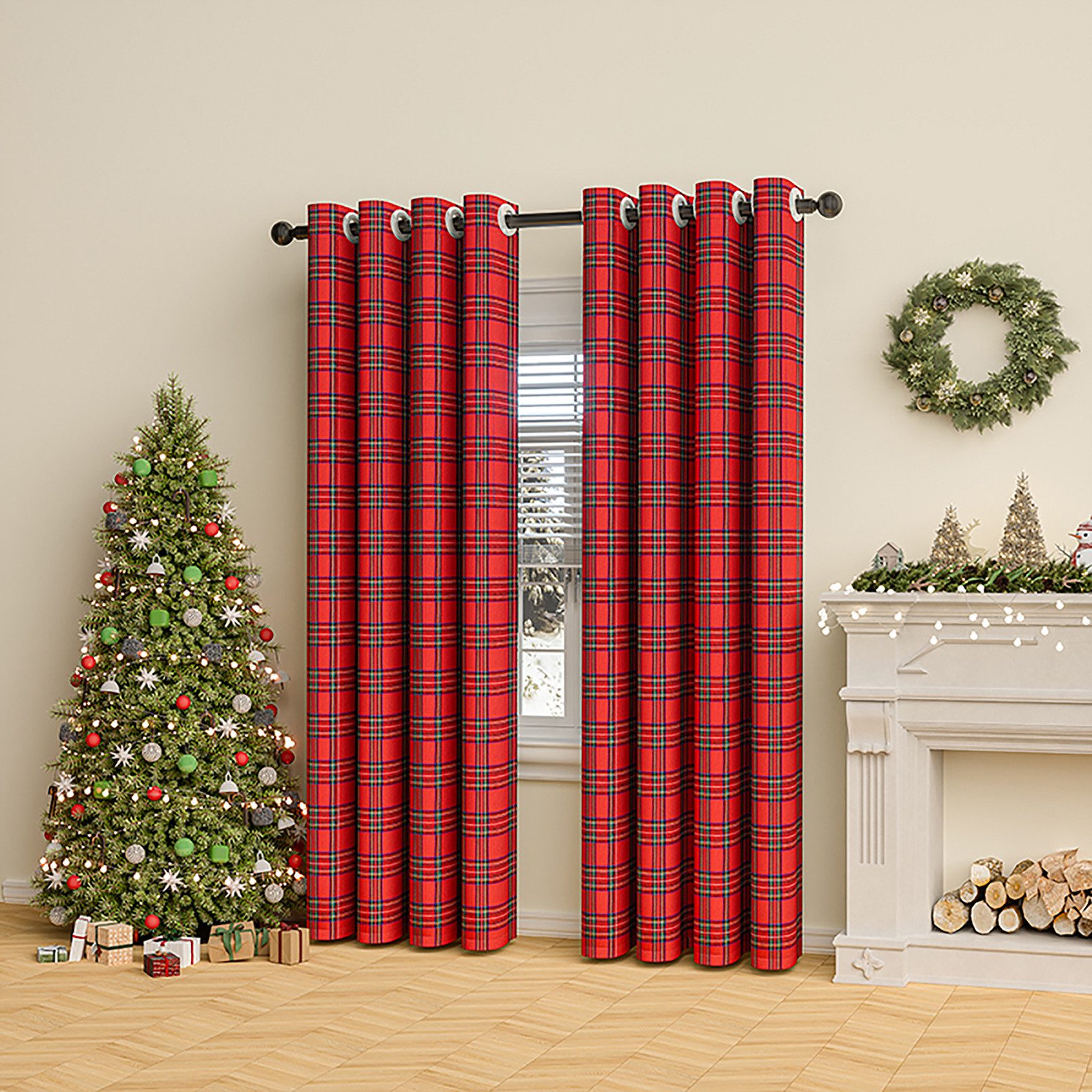 Rosnek Vorhang Karo Vorhang Fenstervorhang Weihnachtsdeko Ösen, Halbtransparent (1 St), für Wohnzimmer Schlafzimmer Bauernhaus Restaurant 132x274cm Rot