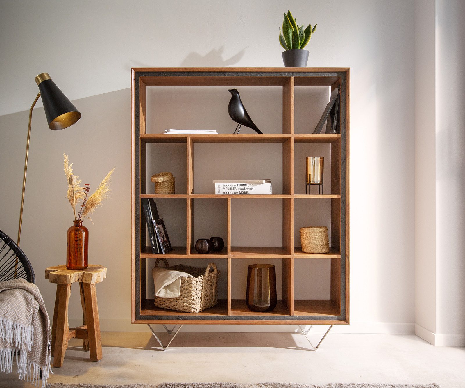 DELIFE Standregal Stonegrace, Akazie Natur 115x150 12 Fächer Steinfurnier V-Fuß Highboard
