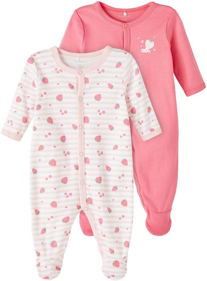 Name It Schlafoverall NBFNIGHTSUIT 2P W/F STRAWBERRY NOOS (Packung, 2-tlg),  Mit durchgehenden Druckknöpfen für bequemes An-und Ausziehen