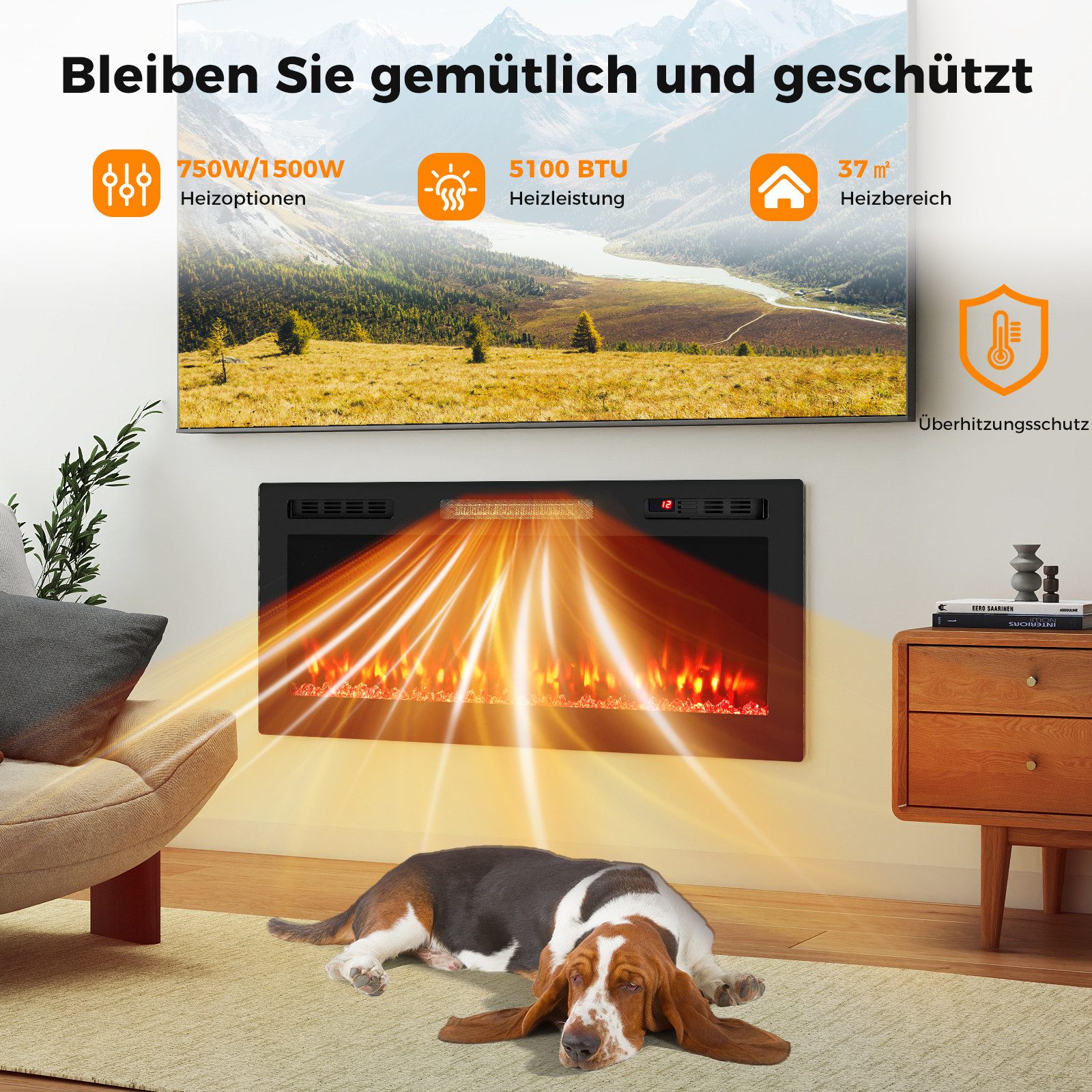 COSTWAY Elektrokamin, 106,5cm WLAN einbau-/Wandkamin 750W/1500W mit APP