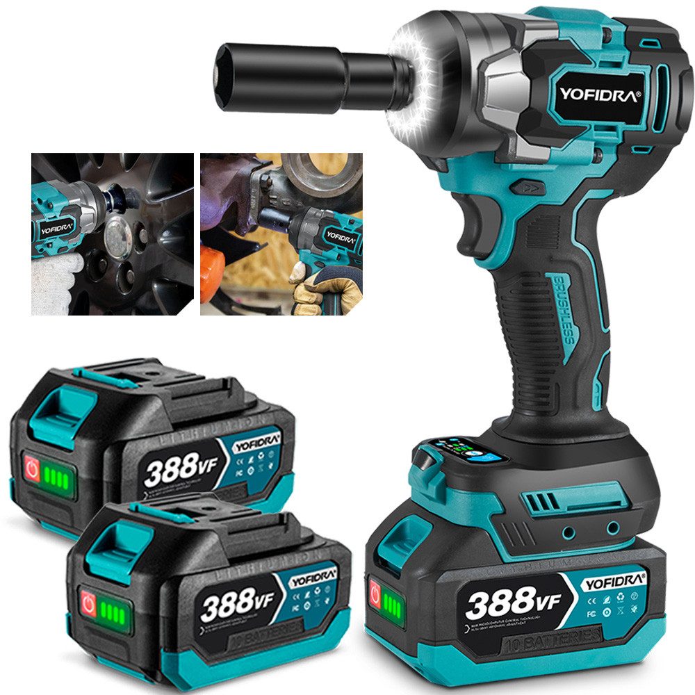 Yofidra Akku-Schlagschrauber 1200Nm Bürstenloser Hohes Drehmoment Schlagschrauber, mit 2× Akkus, 6700 U/min, 1200 Nm, 1/2" Drehschlagschrauber für Auto und Hausgebrauch