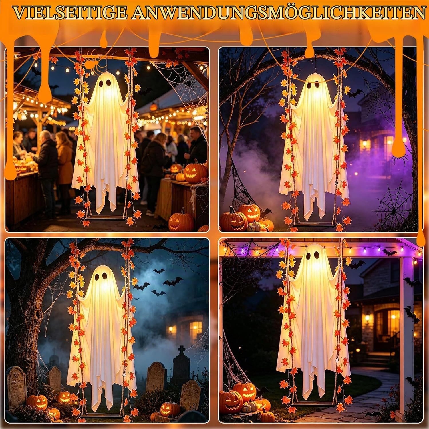 FELIXLEO Dekofigur Halloween Deko Outdoor Hängender Geist mit Licht Timer 120cm – Bild 3 von 5