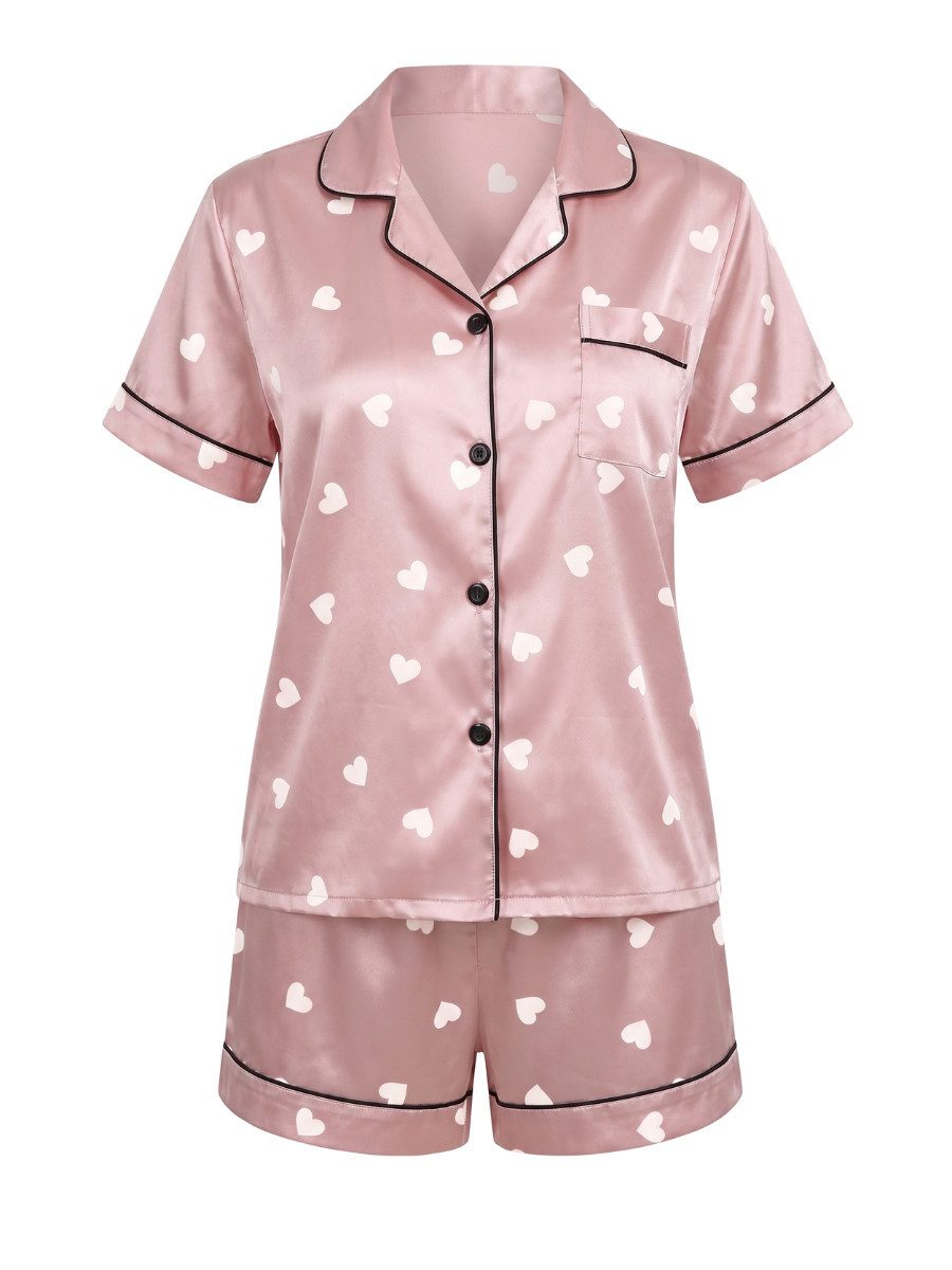 Elegant Love Shorty Sommer Nachtwäsche & Loungewear – Satin Pyjama Set mit Herzmuster (Set, 2 tlg., kurzarm Oberteil mit Knopfleiste + Shorts) Damen Schlafanzug Set – Elegante Homewear für warme Nächte