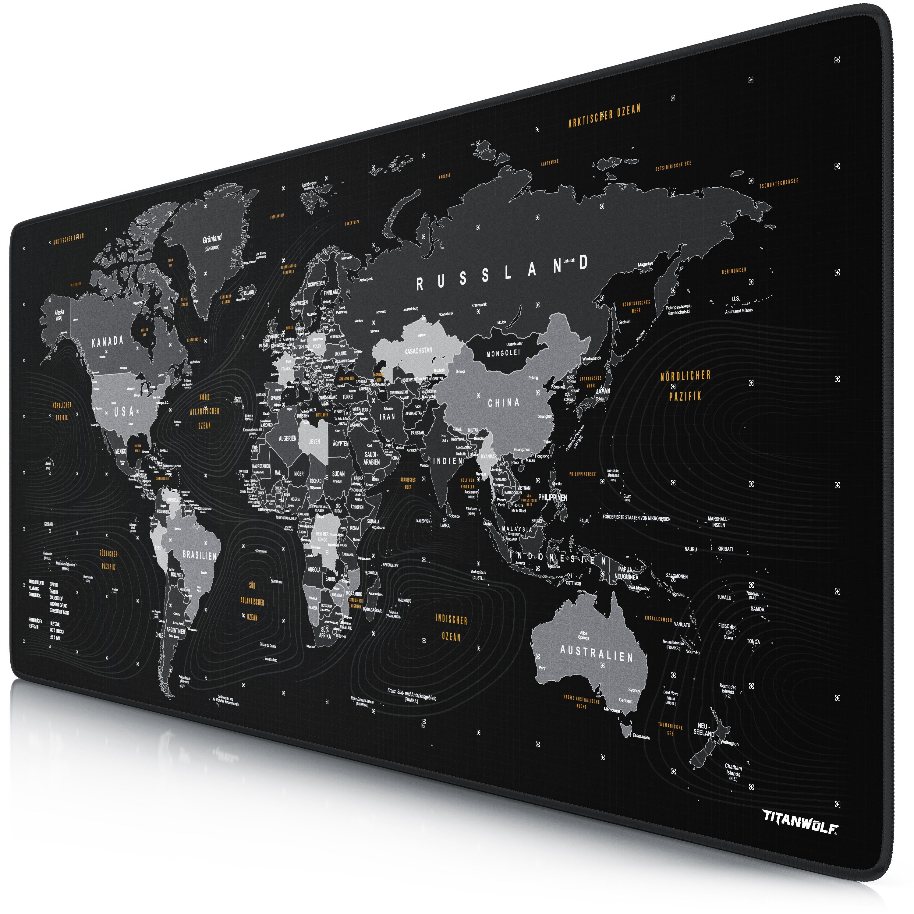 Titanwolf Gaming Mauspad XXL Speed Mousepad 900 x 400 x 3 mm, große Tischunterlage (1-St), rutschfest, abwaschbar, Geschwindigkeit & Präzision, Weltkarte