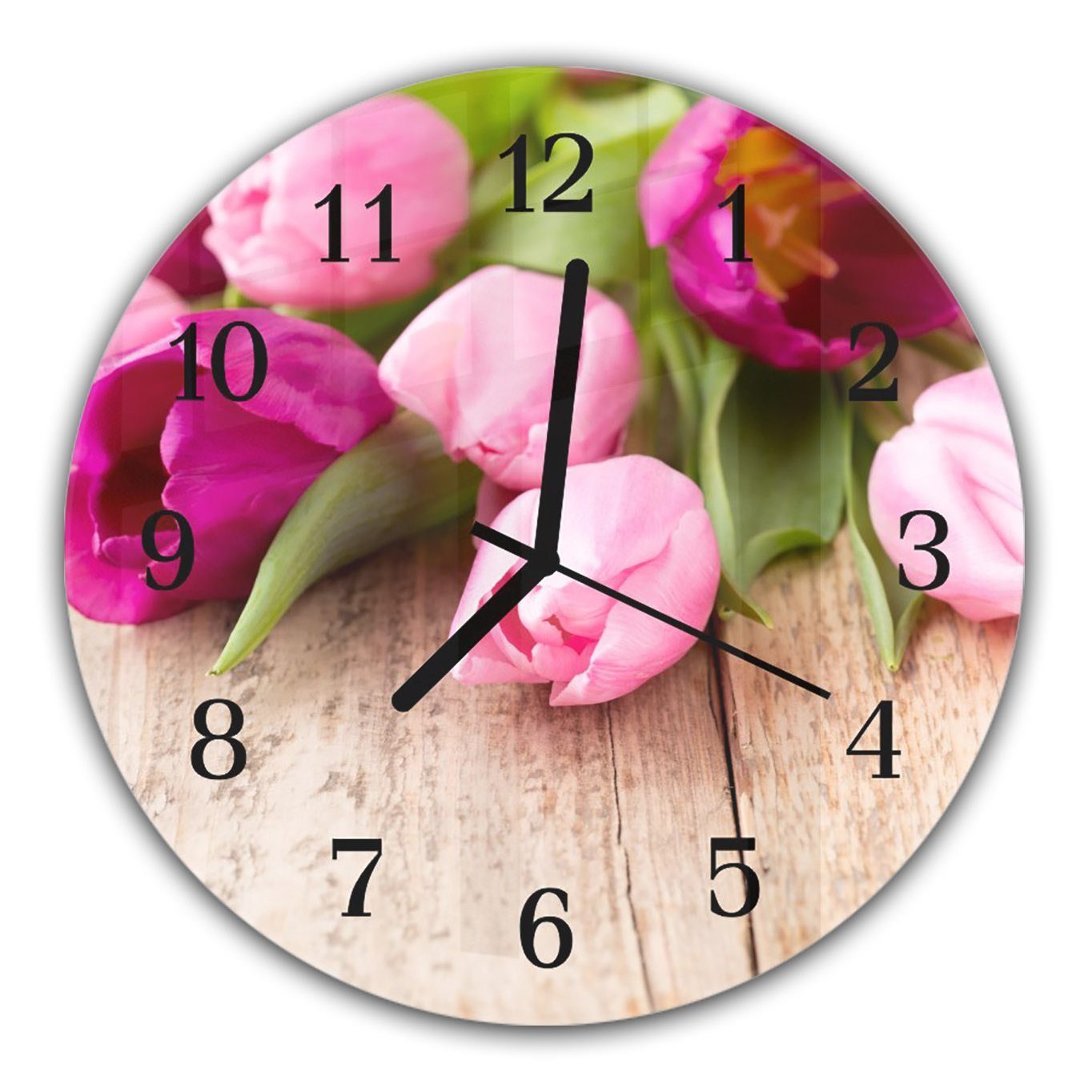 Rund mit Wanduhr Durchmesser Quarzuhrwerk Primedeco auf Motiv aus - Glas 30 Holzbrett cm Wanduhr Tulpen und mit