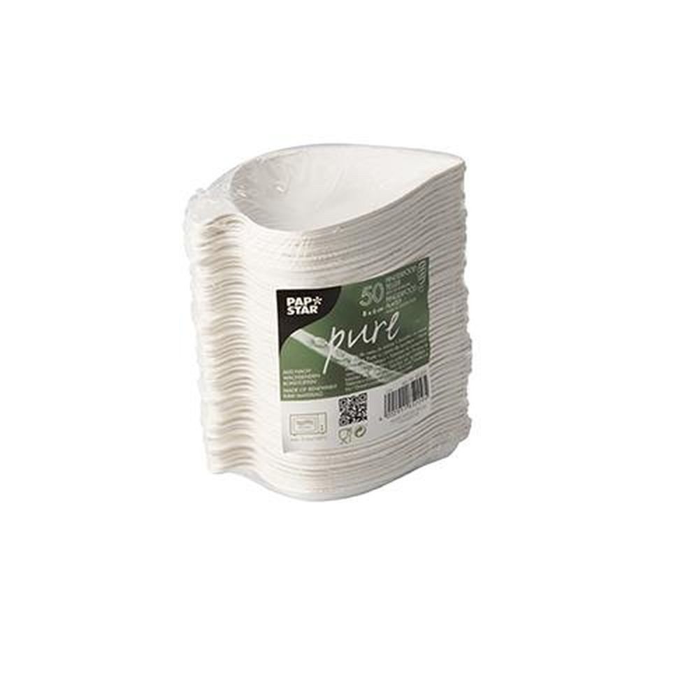 PAPSTAR Einwegteller 50 Fingerfood - Teller, Zuckerrohr "pure" 8 cm x 6 cm weiss "Leaf"