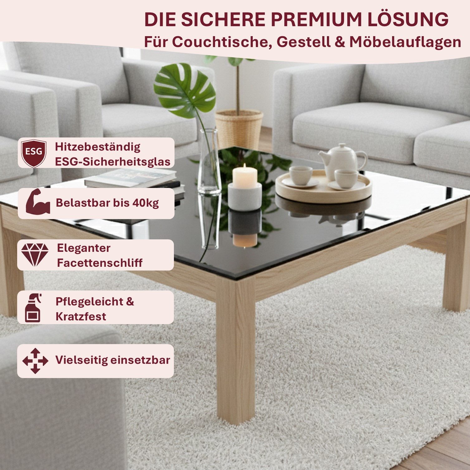 HOOZ Tischplatte aus Glas 60 x 60 x 0,6 cm oder als Funkenschutzplatte für den Kamin (schwarzes Glas, 1 St., ESG-Sicherheitsglas), mit hochwertigem Facettenschliff