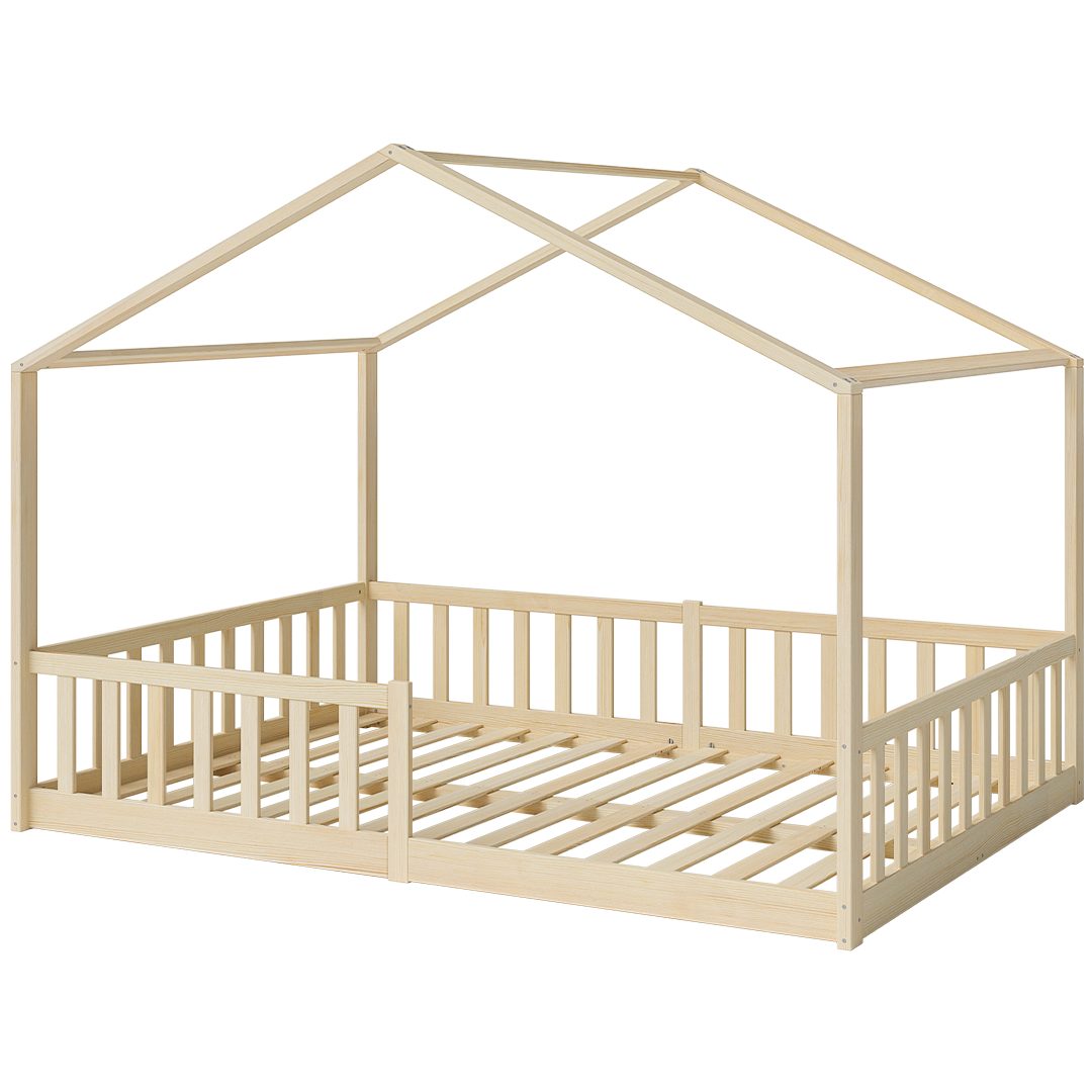Bellabino Hausbett Kinderbett Bia mit Lattenrost (natur, optional mit Matratze), Bodenbett mit Rausfallschutz, verfügbar in 80x160 & 90/120/140x200 cm