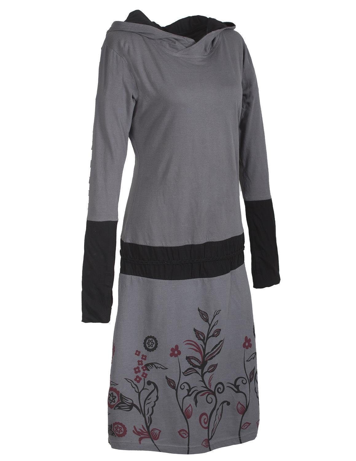 Style Boho, Gürtel geknüpftem Kapuze Elfen und Vishes Ethno, Jerseykleid Kleid Blumen mit grau Goa,