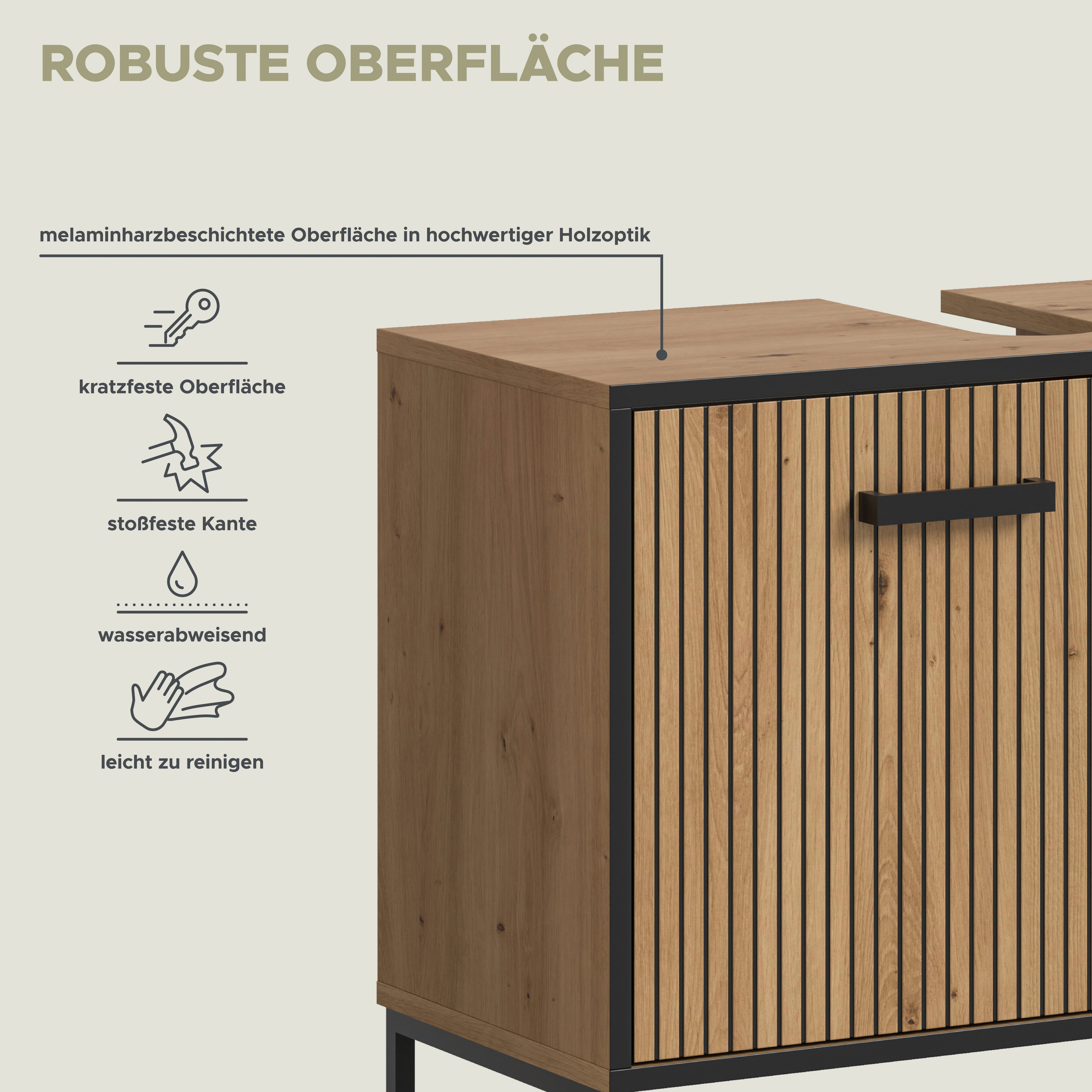 welltime Waschbeckenunterschrank LOCRI, Höhe 63 cm, 2 Türen, 2 Einlegeböden, mit Siphonausschnitt (1-St., industrial Look mit Rillenoptik & Metall Kufen) Badmöb – Bild 5 von 5