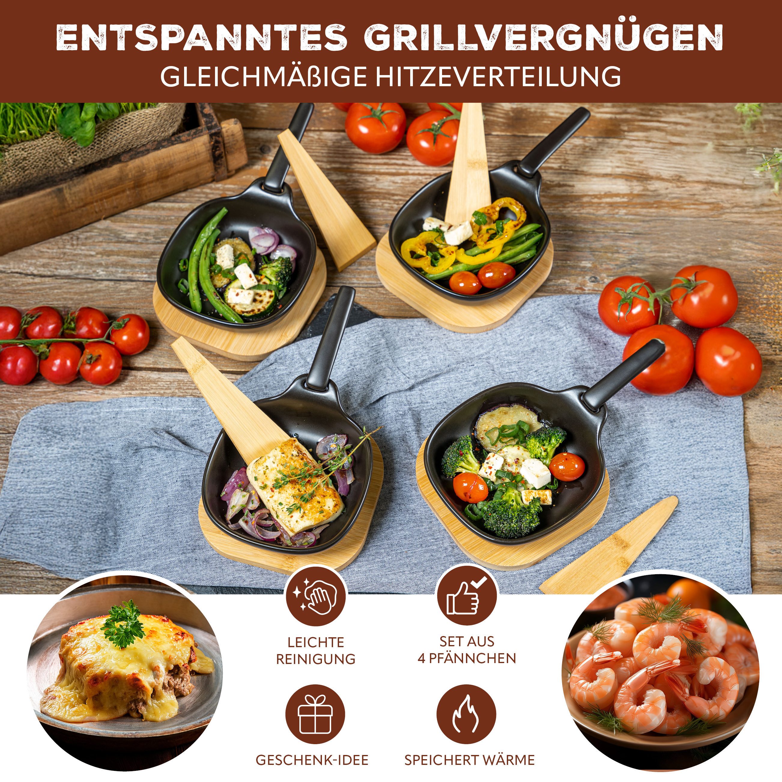 bremermann Grillpfanne Grillpfännchen 4er inkl. Bambus-Untersetzern und Bambus-Schabern, Steingut (4-tlg)