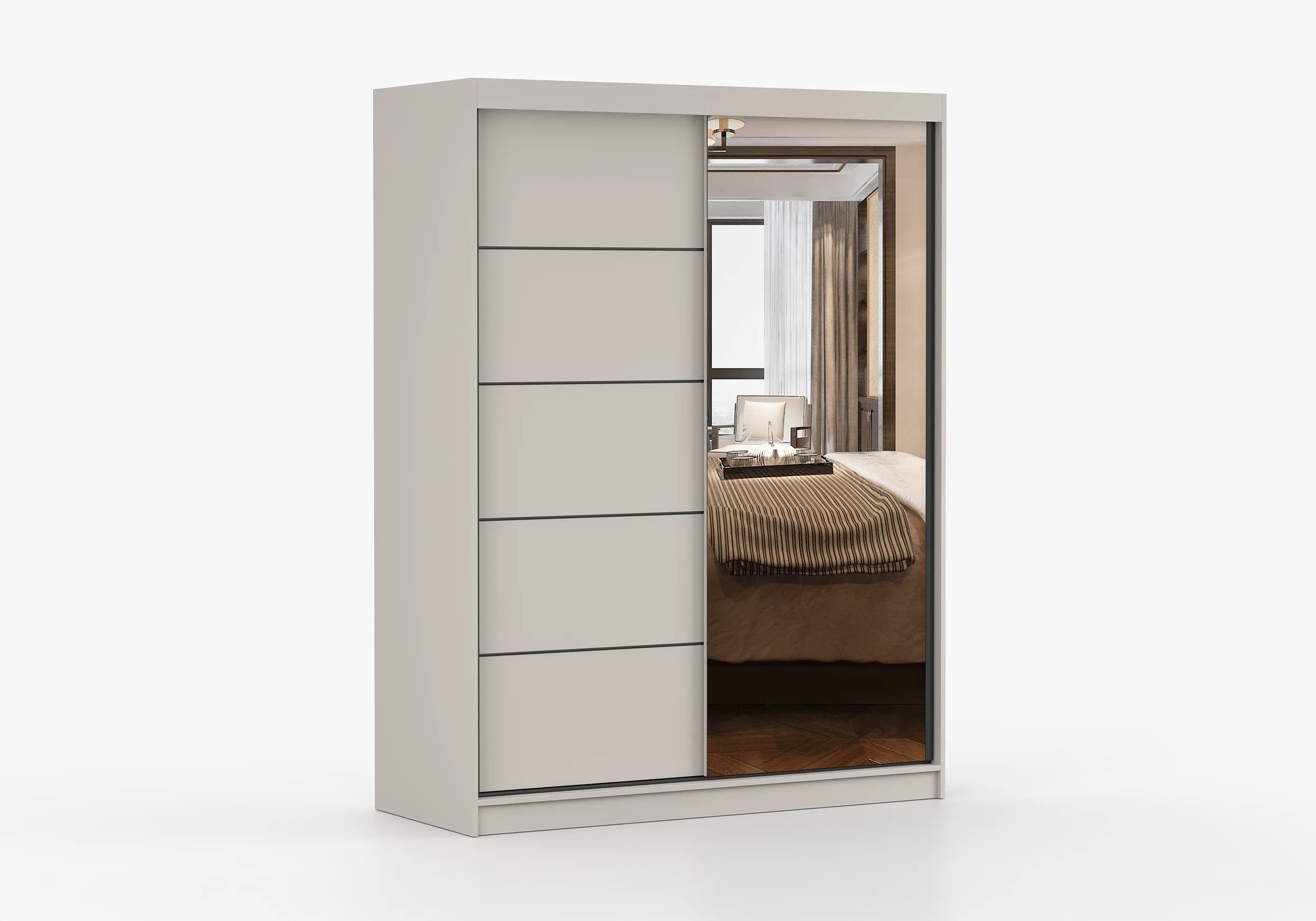 MOEBLO Kleiderschrank LARA 05 Kaschmir (Kleiderschrank Kaschmir mit Spiegel & schwarzen Sprossen, Schiebetüren, Schwebetürenschrank 2-türig Schrank mit vielen Einlegeböden und Kleiderstange) (BxHxT): 150x200x61 cm
