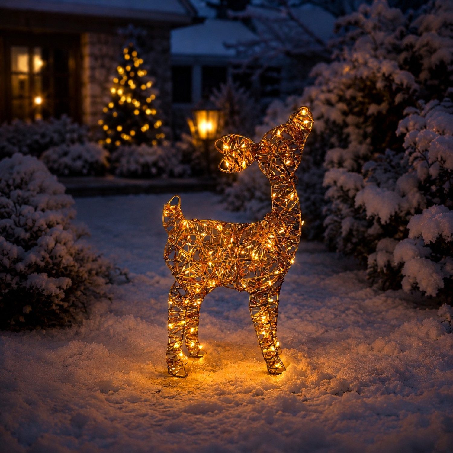 Online-Fuchs LED-Dekofigur Rehkitz mit LED-Lichterkette beleuchtet - Outdoor Weihnachtsdeko (warmweiße Beleuchtung, Dauerleuchten oder Funkeleffekt wählbar), inklusive 6-Stunden Timerfunktion