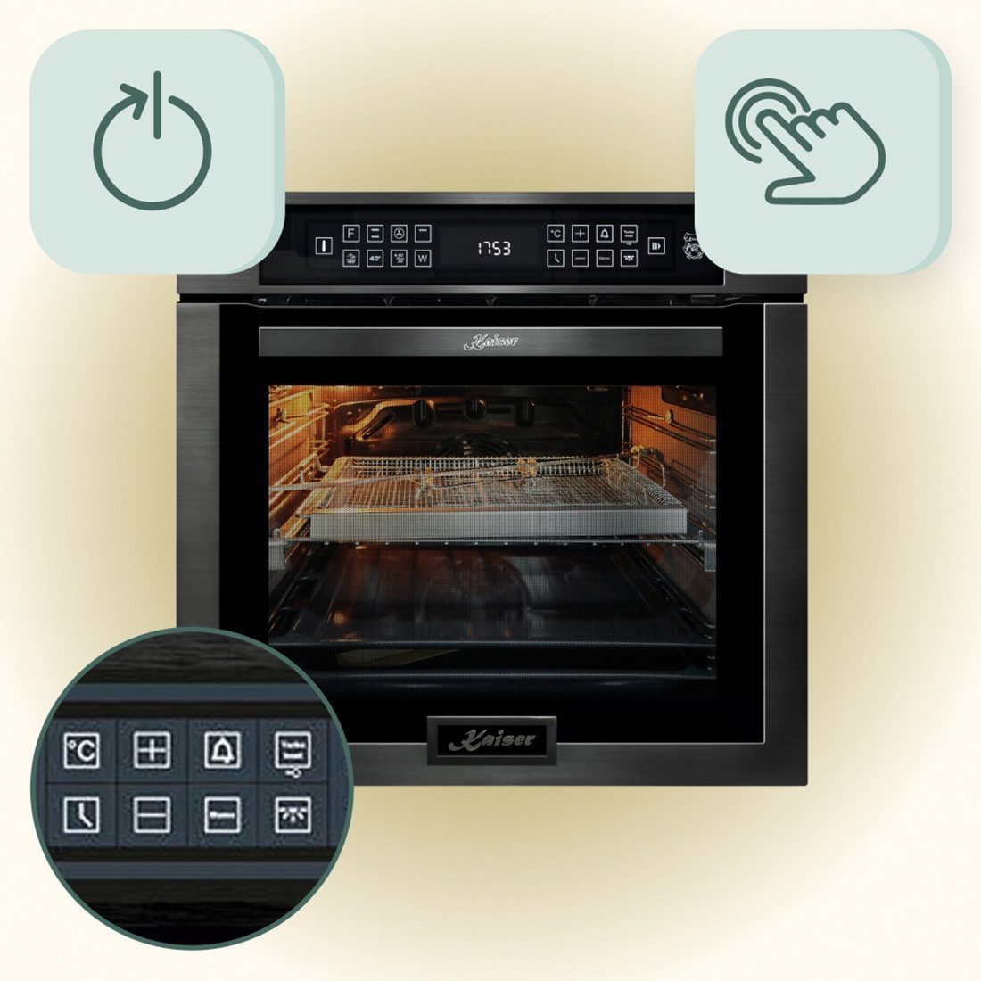 Kaiser Küchengeräte Backofen-Set Herd Set Autark Einbau Backofen 86L Temperatursonde – Bratautomatik 15 Fkt. Grill Air fryer Full Touch 60 cm mit Induktionskochfeld 60 cm FREE ZONE mit 2 FLEX Induktions-Zonen TFT Display+Dunstabzugshaube 60 cm EH 6306 N RS+KCT 6140 FI+AT 6430 F ECO, mit 1-fach-Teleskopauszug, Einbau Backofen 86L+Induktionskochfeld 60 cm+Dunstabzugshaube 60 cm