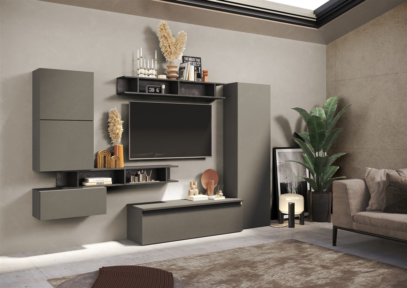 freiraum Wohnwand Ilary, in Ardesia / Piombo, Holzwerkstoff - 295x210x40cm (BxHxT)