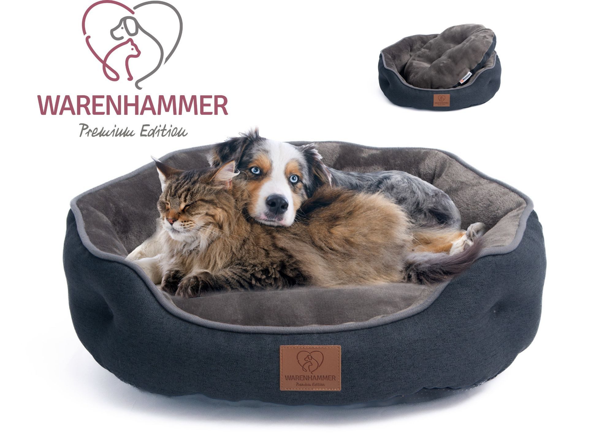 Warenhammer Tierbett Orthopädisches Premium Hundebett, Katzenbett, flauschig weich, für Katzen oder kleine Hunde, 2 Teilig mit Wendekissen / kühlende Sommer oder wärmende Winterseite