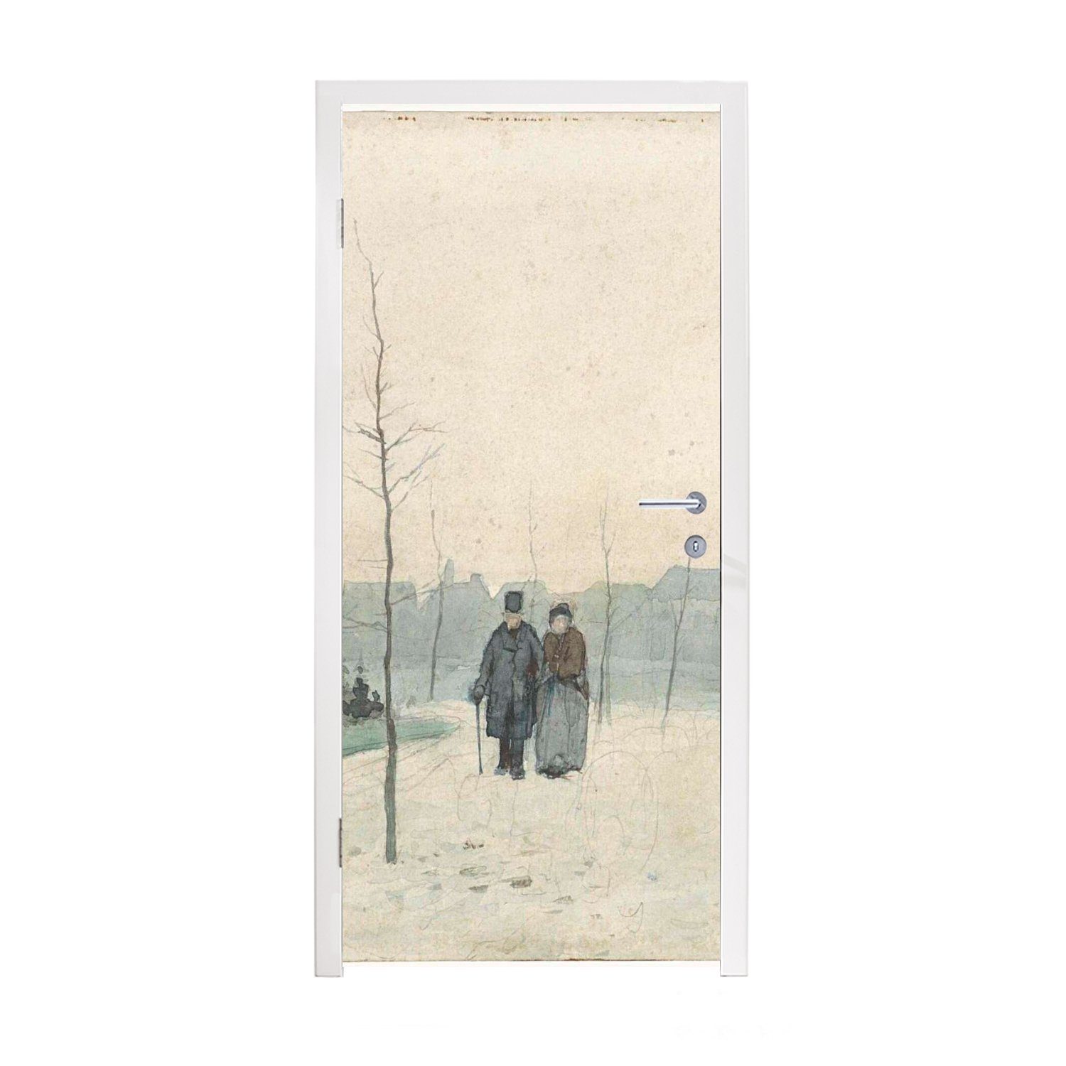 MuchoWow Türtapete Altes Paar in einem neu angelegten Park - Gemälde von Anton Mauve, Matt, bedruckt, (1 St), Selbstklebende Tapete, Folie für Möbel, 75x205 cm