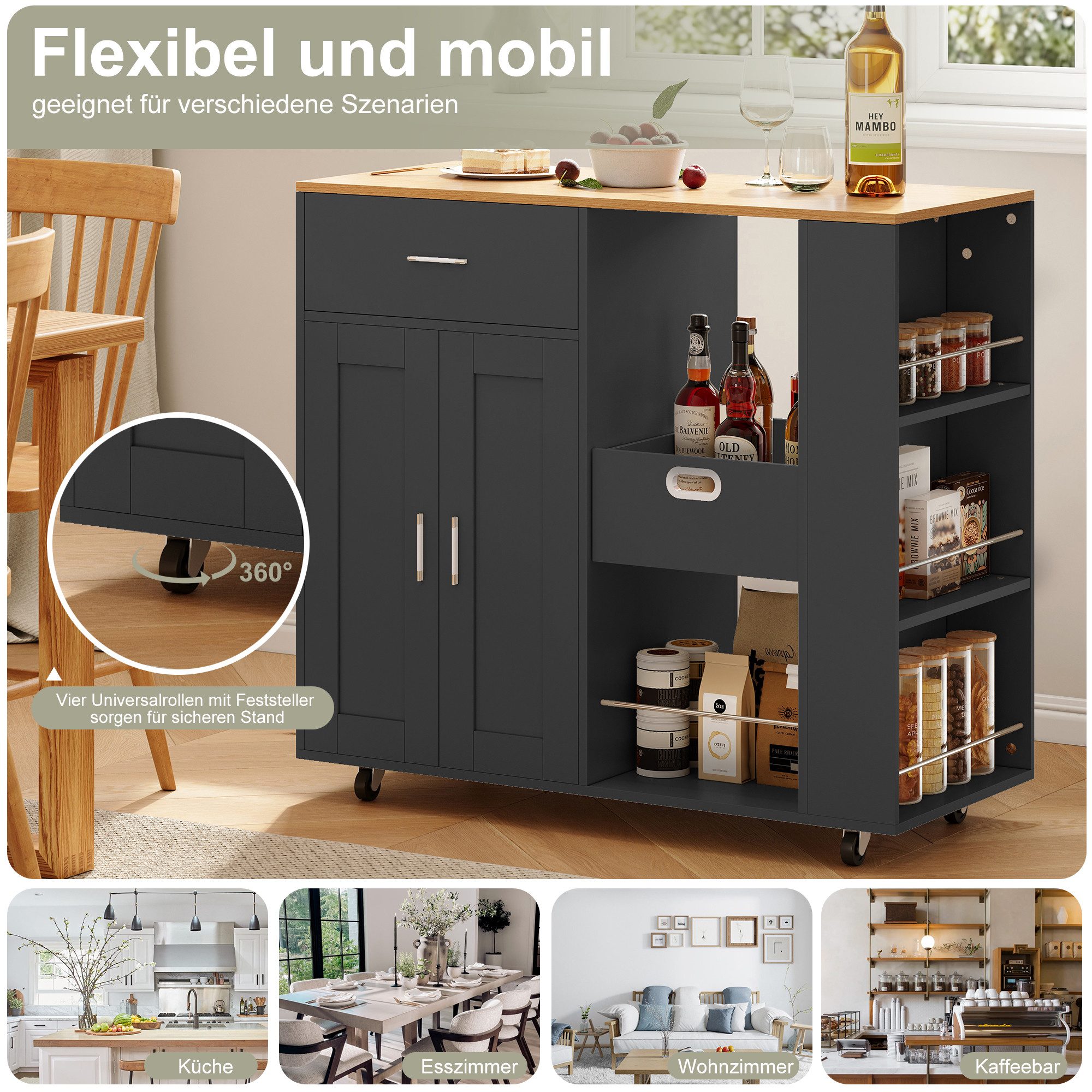 BELUPAI Kücheninsel Küchenschrank aus Holz mobile Küchenwagen mit Schubladen, mit Rollen und 3 Gewürzregal,Küchentisch mit Handtuchhalter,Schwarz