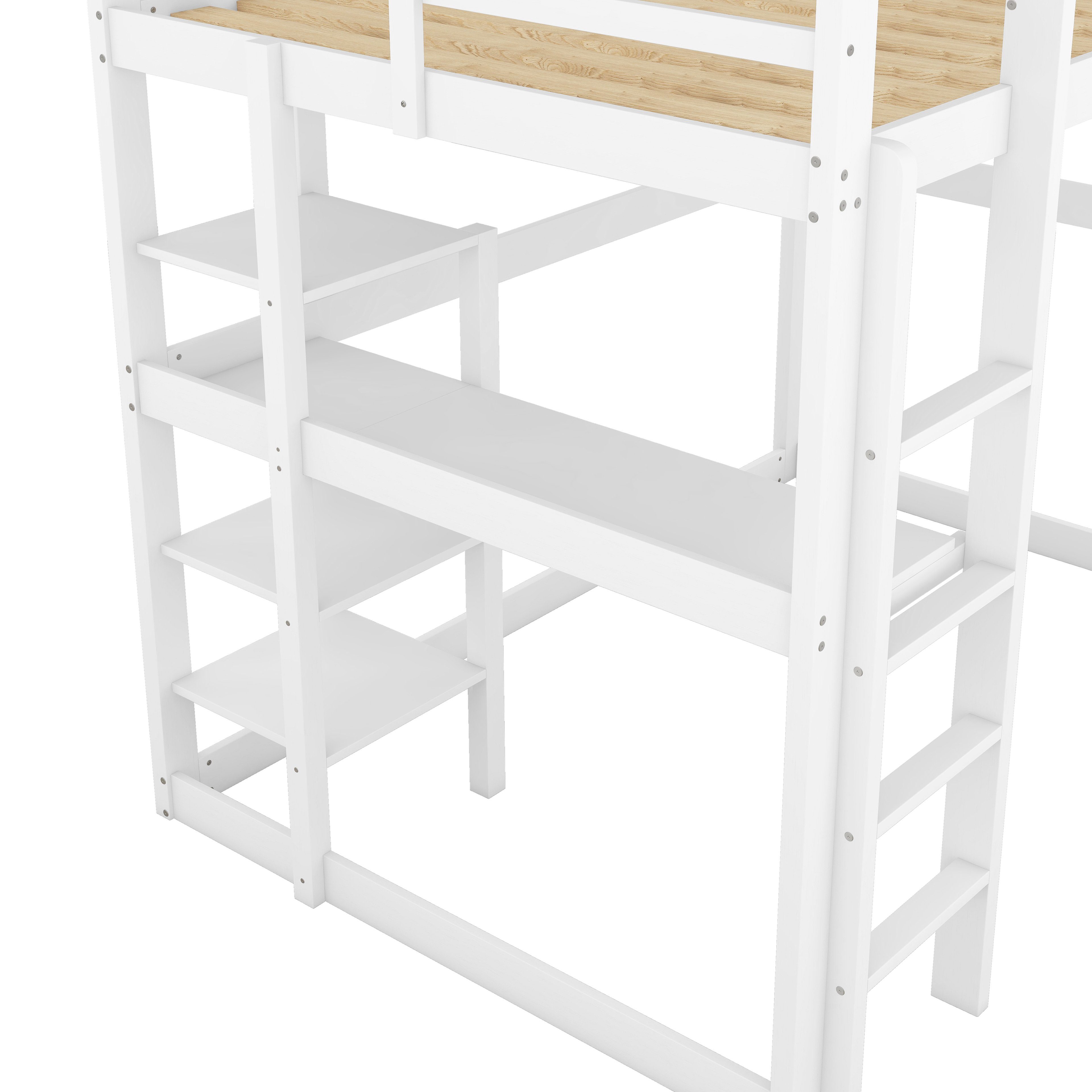 SOFTWEARY Hochbett (Doppelbett cm) weiß und Leiter, aus Lattenrost, Holzbett Kiefer Schreibtisch 140x200 Regalen, mit