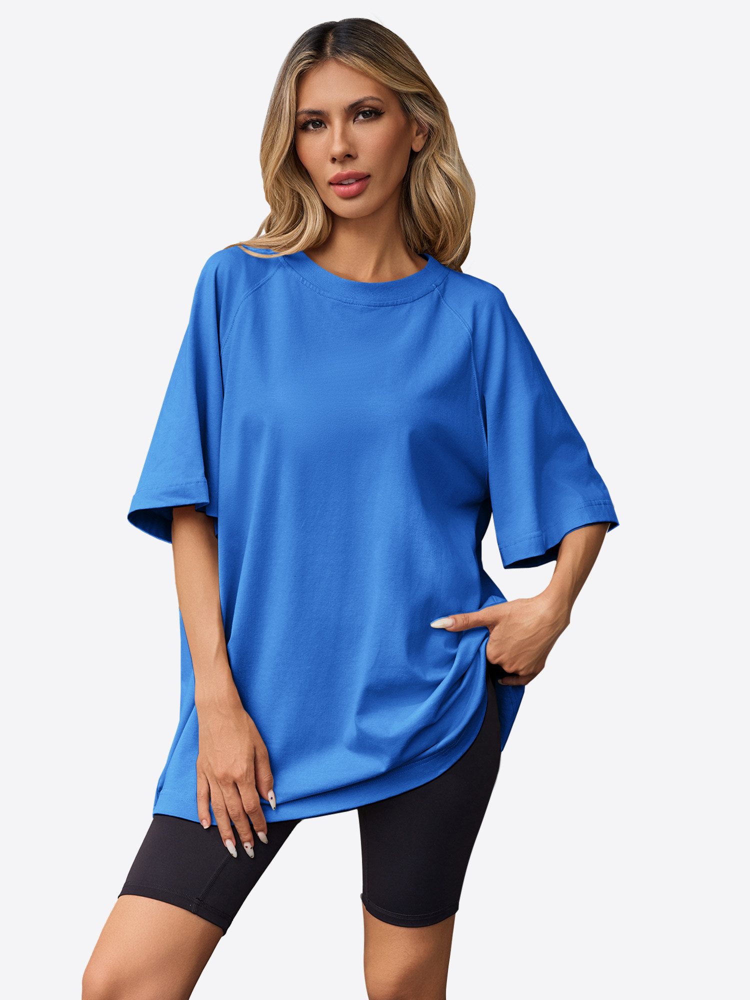 Imily Bela T-Shirt Damen Lockeres Raglanärmel mit Seitenschlitzen und Rundhalsausschnitt (Packung, 1-tlg., 1per-Pack) Halbarm in Unifarbe
