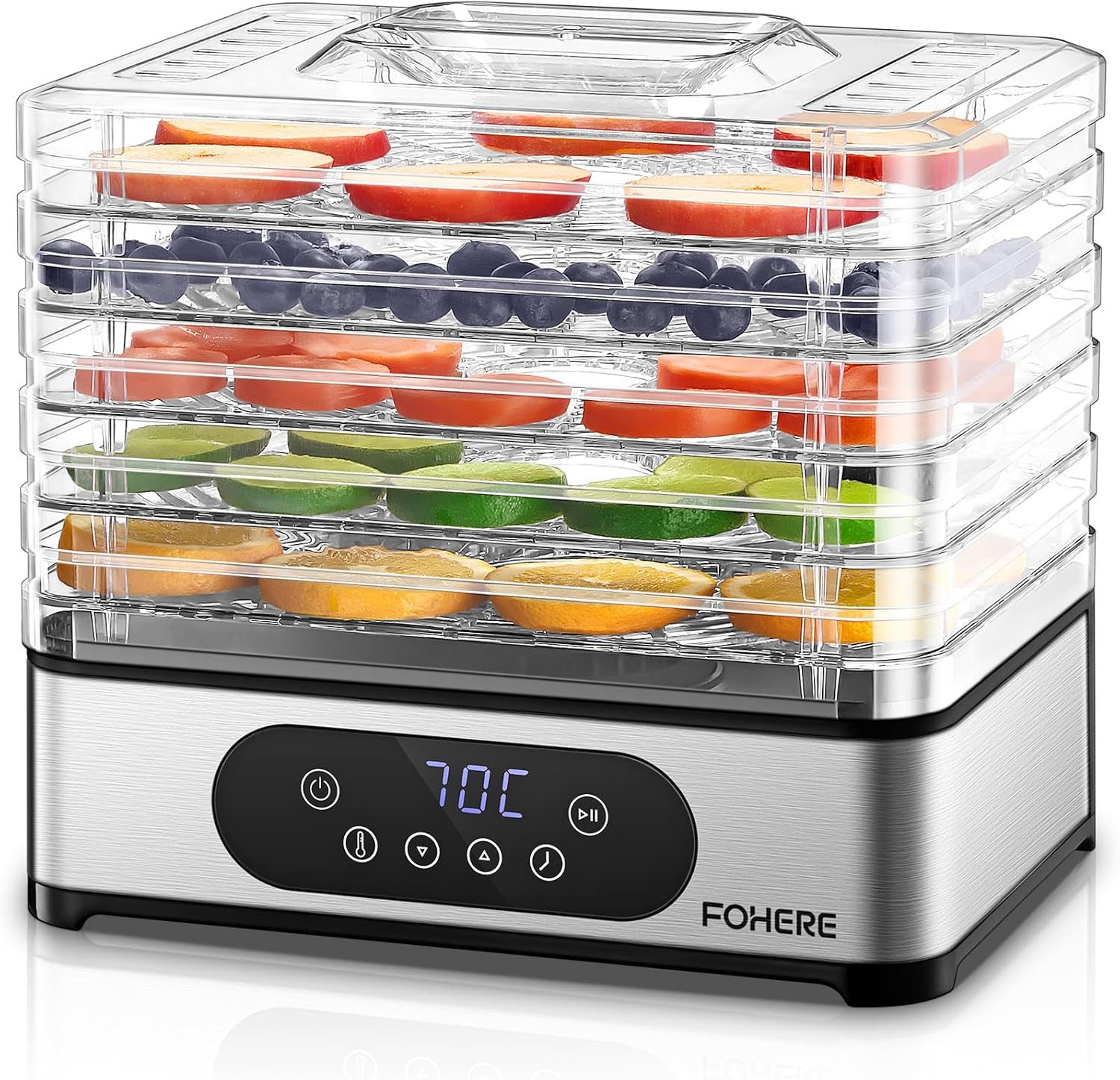 FOHERE Dörrautomat mit 5 Tabletts, 420W 48h-Timer, 35-70°C für Obst und Fleisch 420 W
