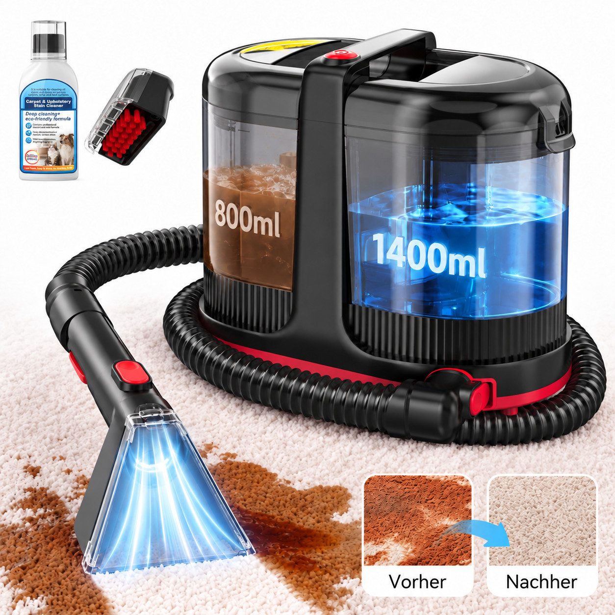 VacniQ Teppichreinigungsgerät Waschsauger 25000Pa Saugkraft, Teppichreiniger, 600W/1800W, Polsterreiniger Gerät, mit Trenntank-System, für Sofas,Teppiche,Auto,Matratze