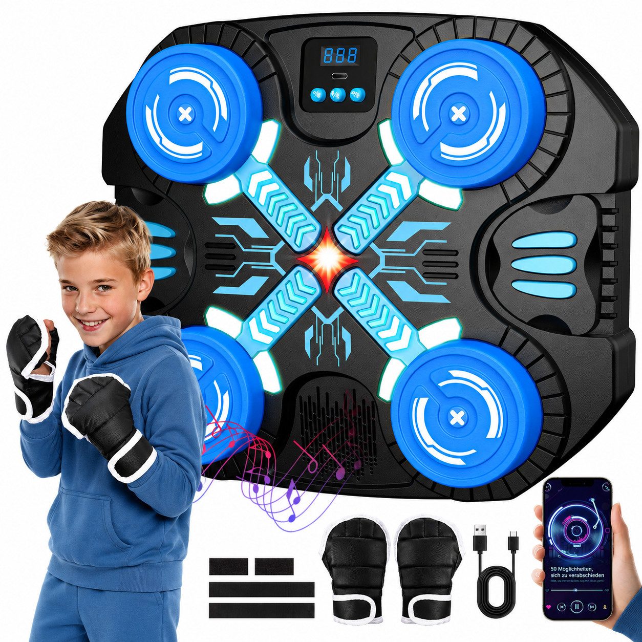 Wootoy Boxsack Boxmaschine Bluetooth Boxspielzeug Kinder Trainingsspiel Boxhandschuhe (mit 3 Spielmodi: Freies Training, Challenge und Memory, 1-tlg., Wandmontage ohne Bohren dank Klettstreifen), mit Bluetooth-Musik und LED-Lichteffekte sorgen