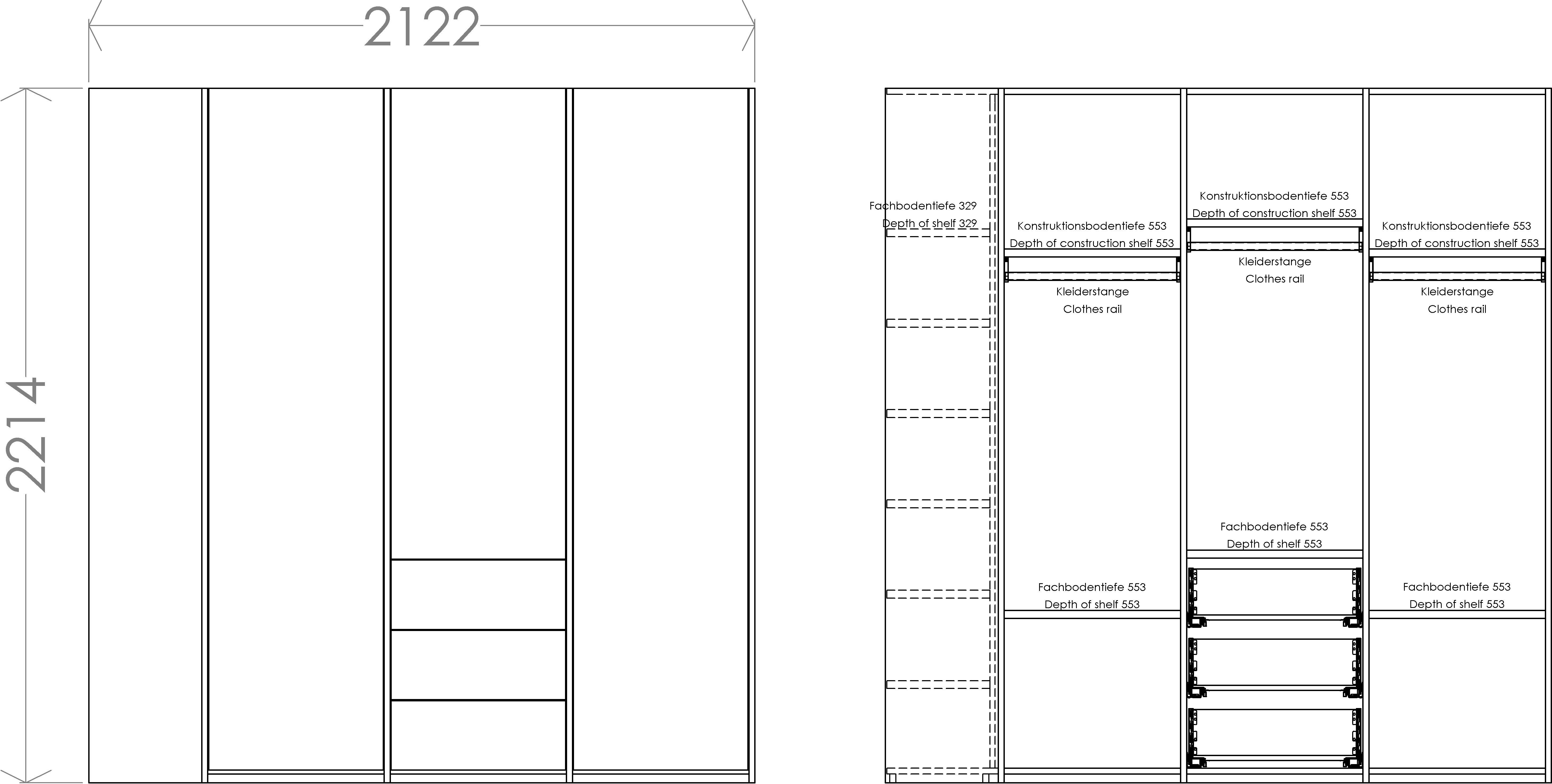 Müller SMALL LIVING Kleiderschrank Modular | links weiß/birke weiß/birke geräumige Plus 3 Schubladen, rechts Variante 3 montierbar Anbauregal oder