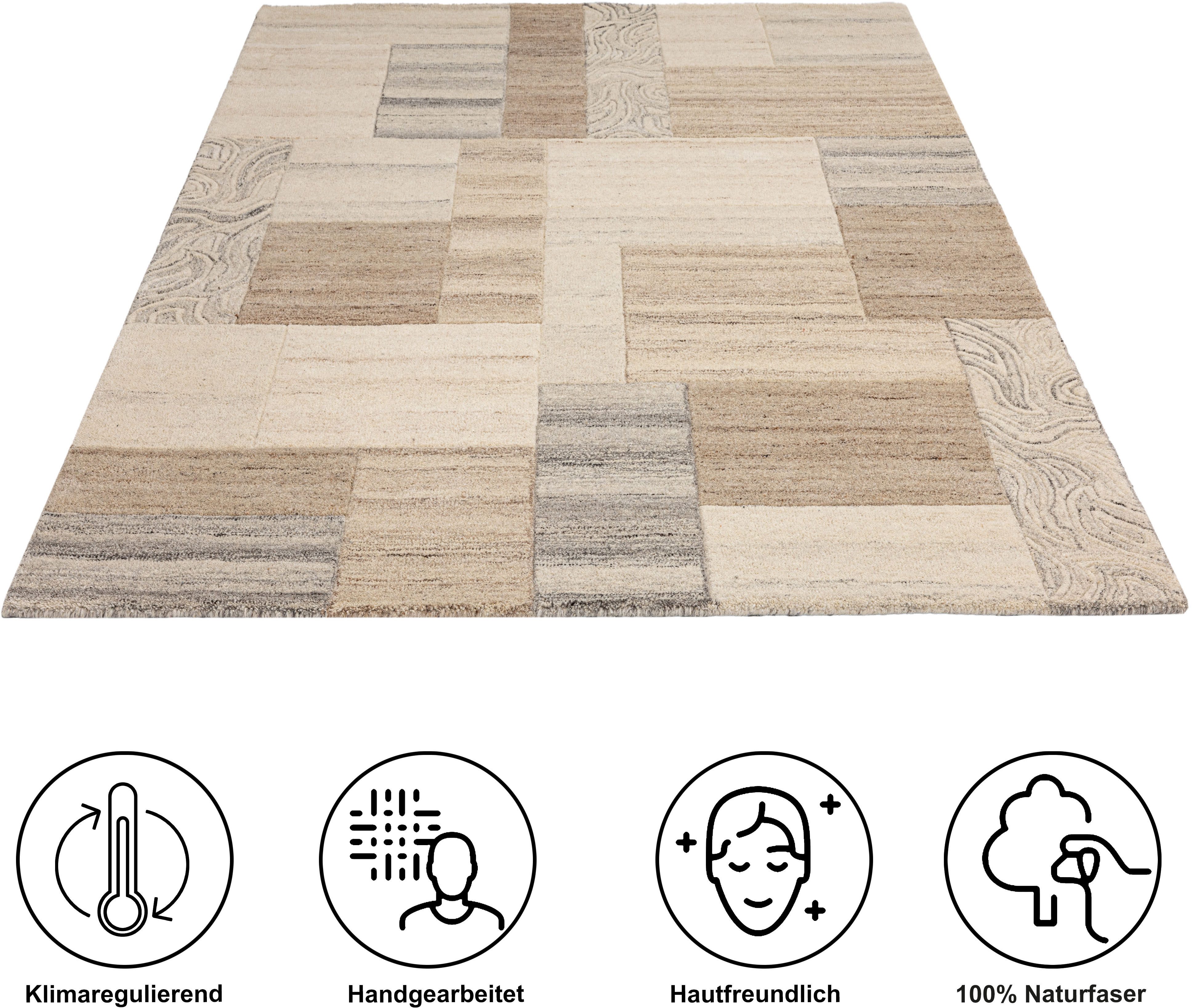 THEKO Wollteppich Lola, Wolle, handgearbeitet, Patchwork Design, handgetuftet, rechteckig, Höhe: 12 mm, Wohnzimmer, Schlafzimmer, Esszimmer, auch als Läufer und rund